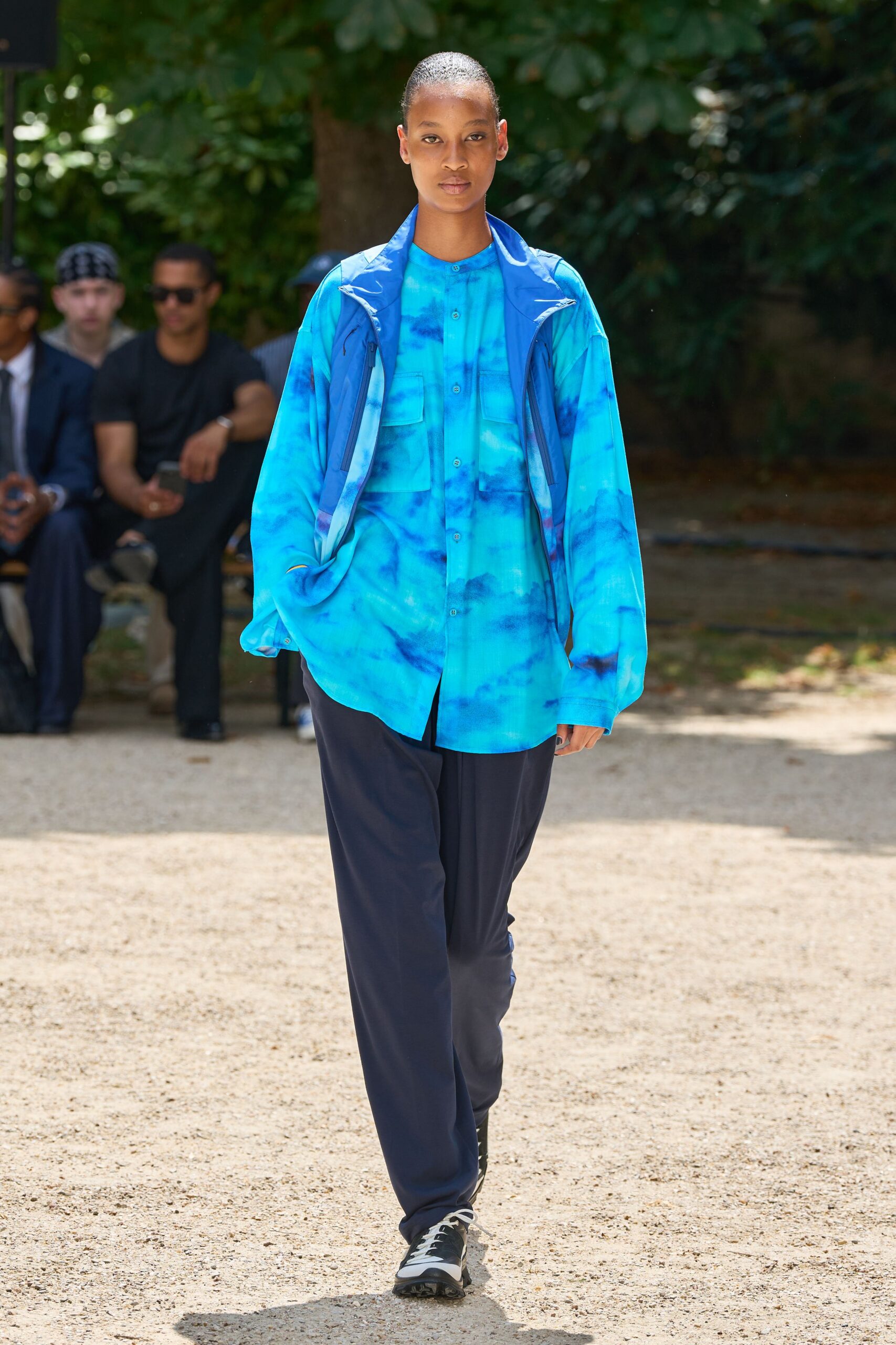 blue printed shirt with navy pants