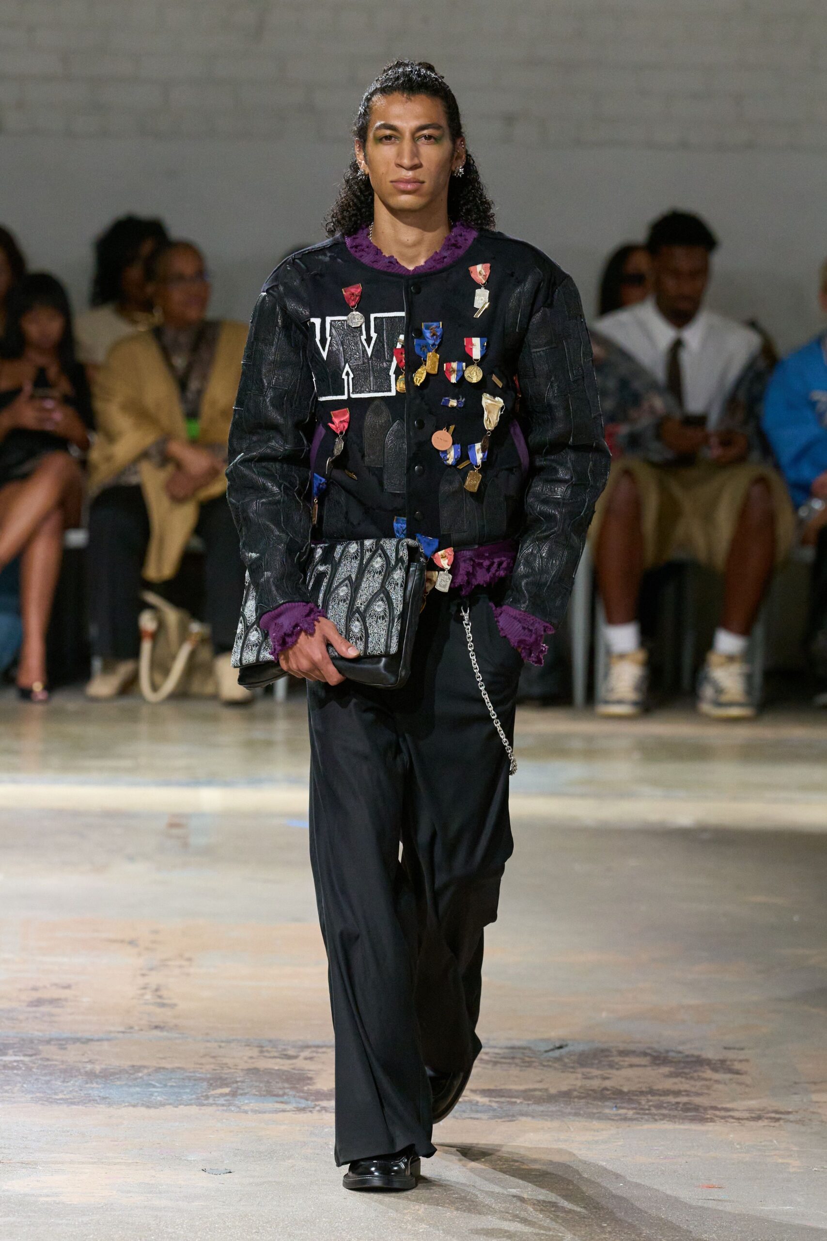 black leather long-sleeve collared fitted embroidered jacket