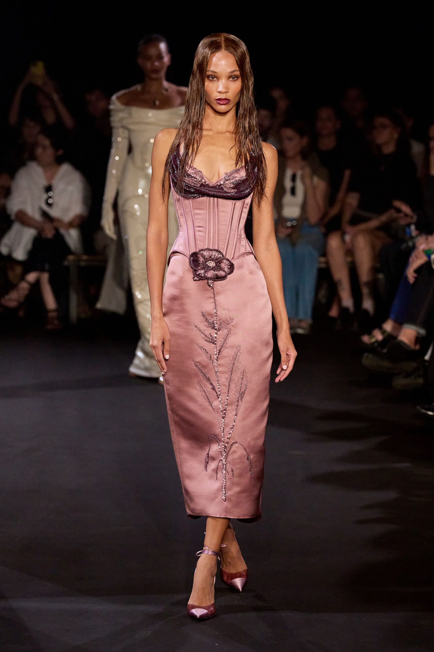pink silk sleeveless v-neck fitted embroidered midi dress
