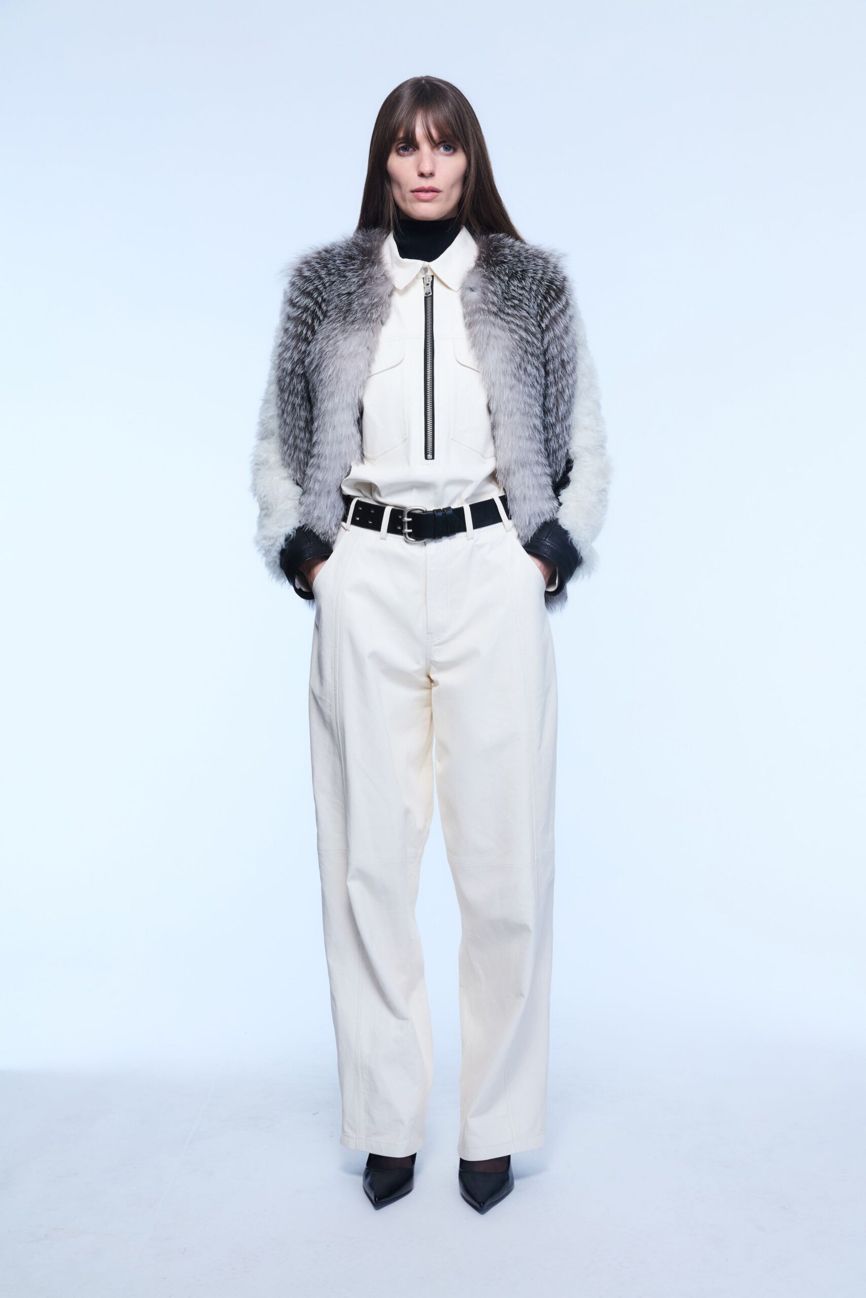 gray fur long-sleeve collared relaxed jacket
