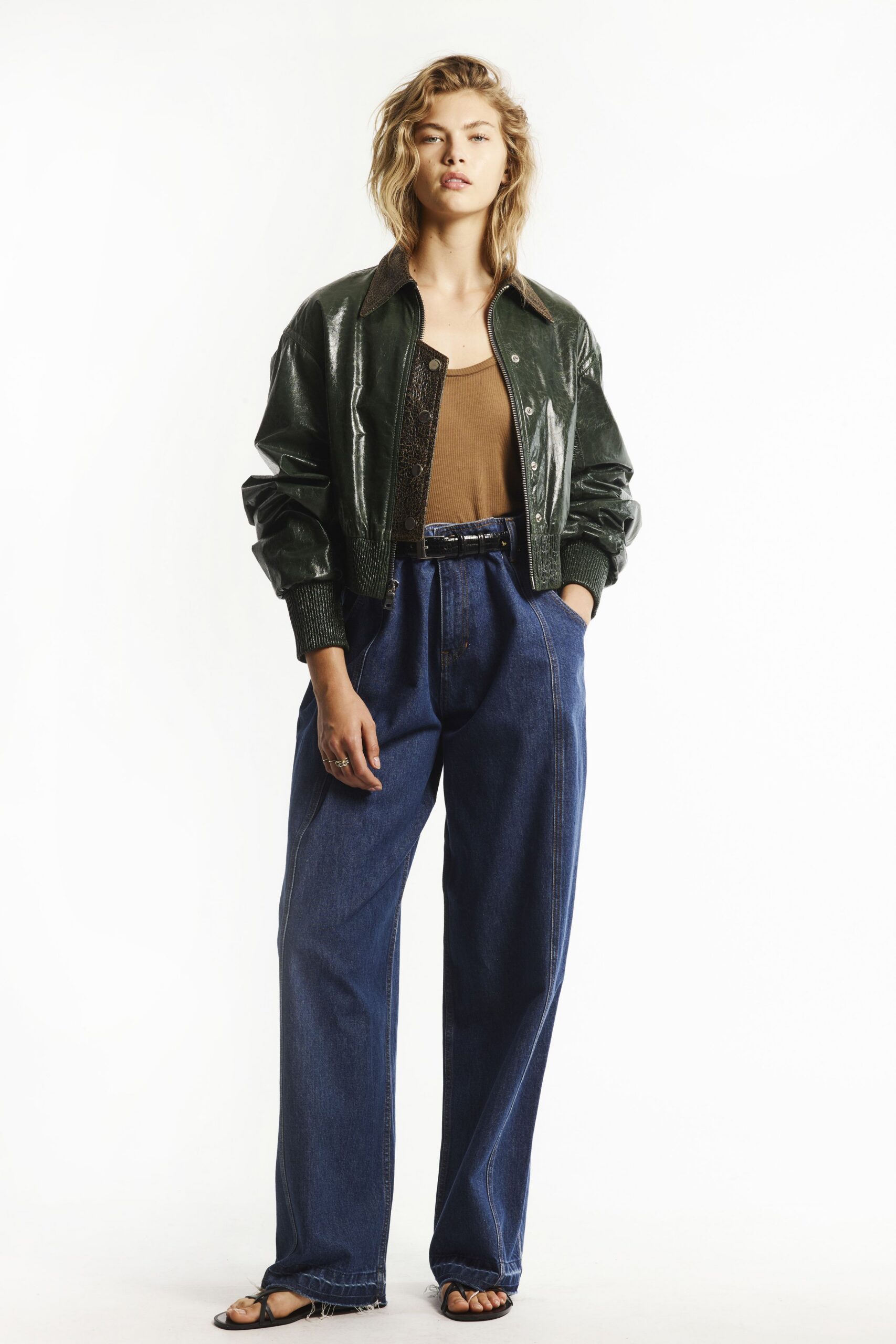 green leather long-sleeve collared relaxed jacket