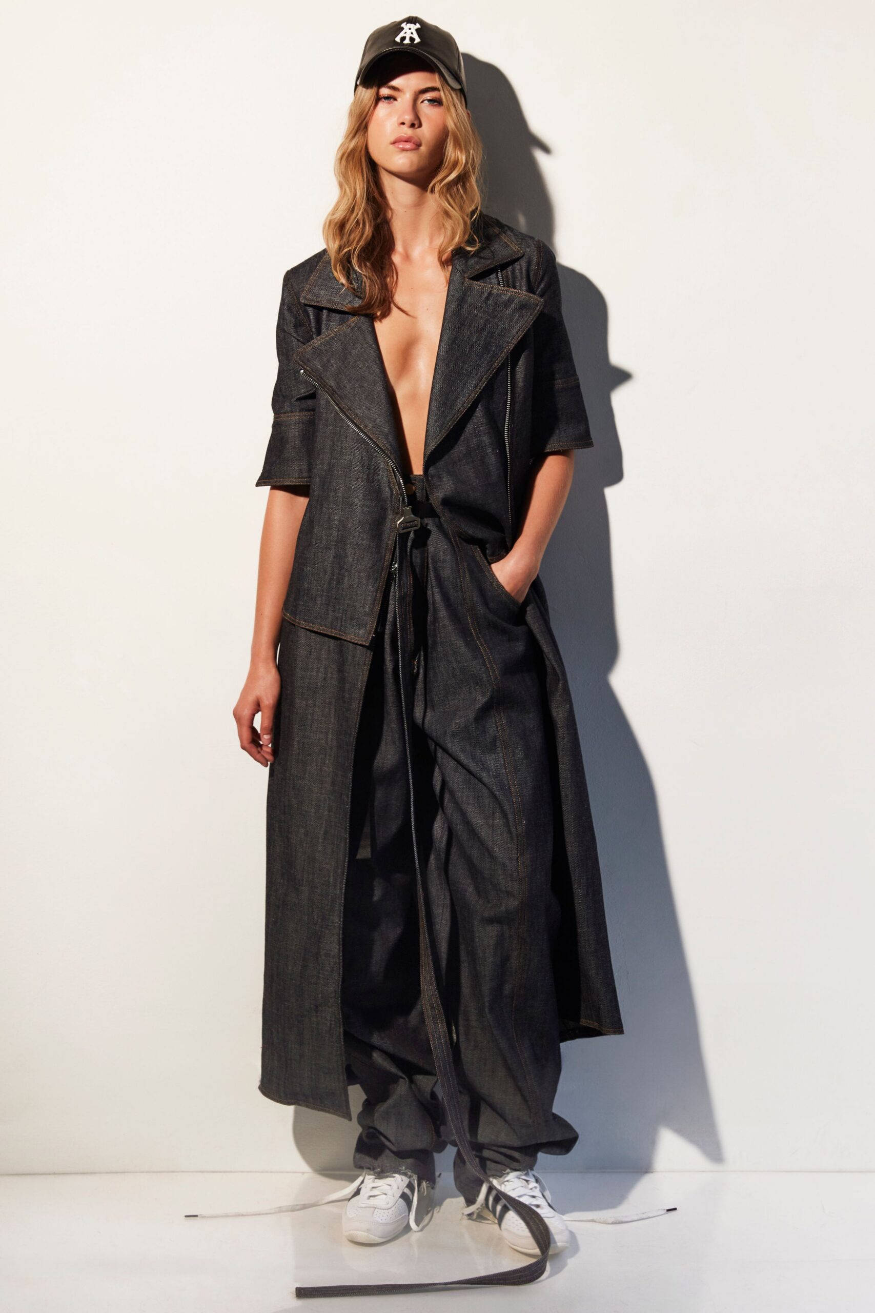 blue denim short-sleeve collared relaxed zippered pockets coat