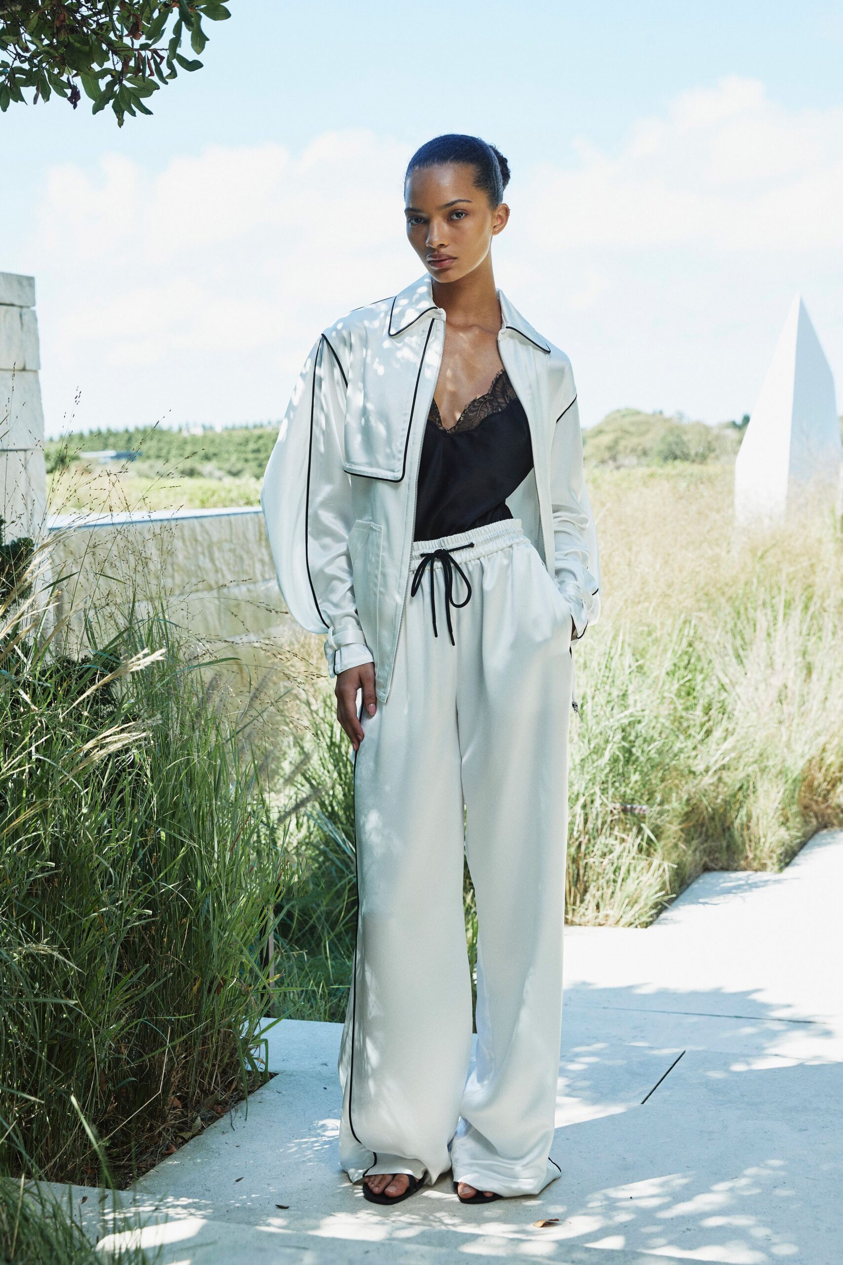 white silk long-sleeve collared relaxed zippered jacket