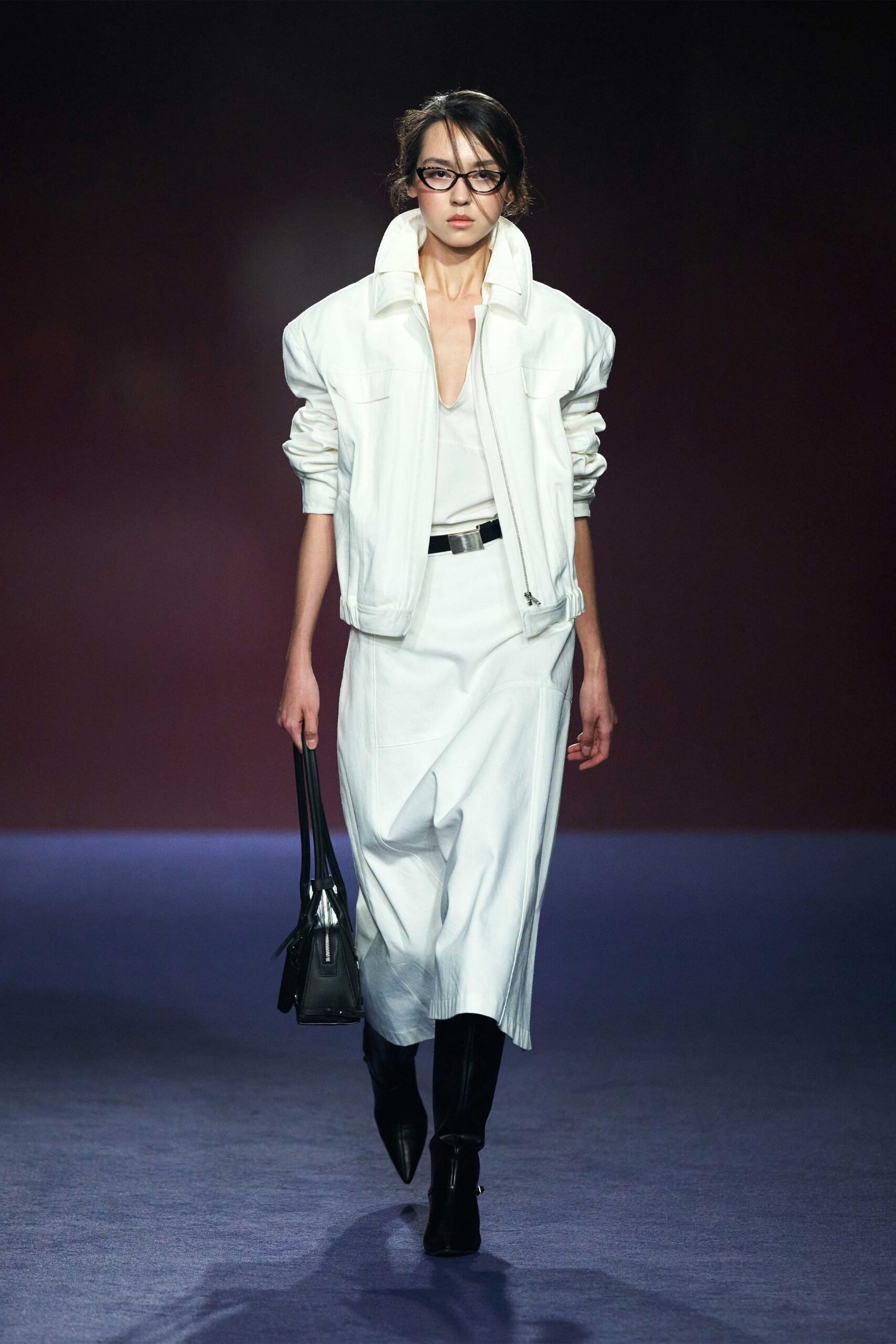 white oversized jacket with midi skirt