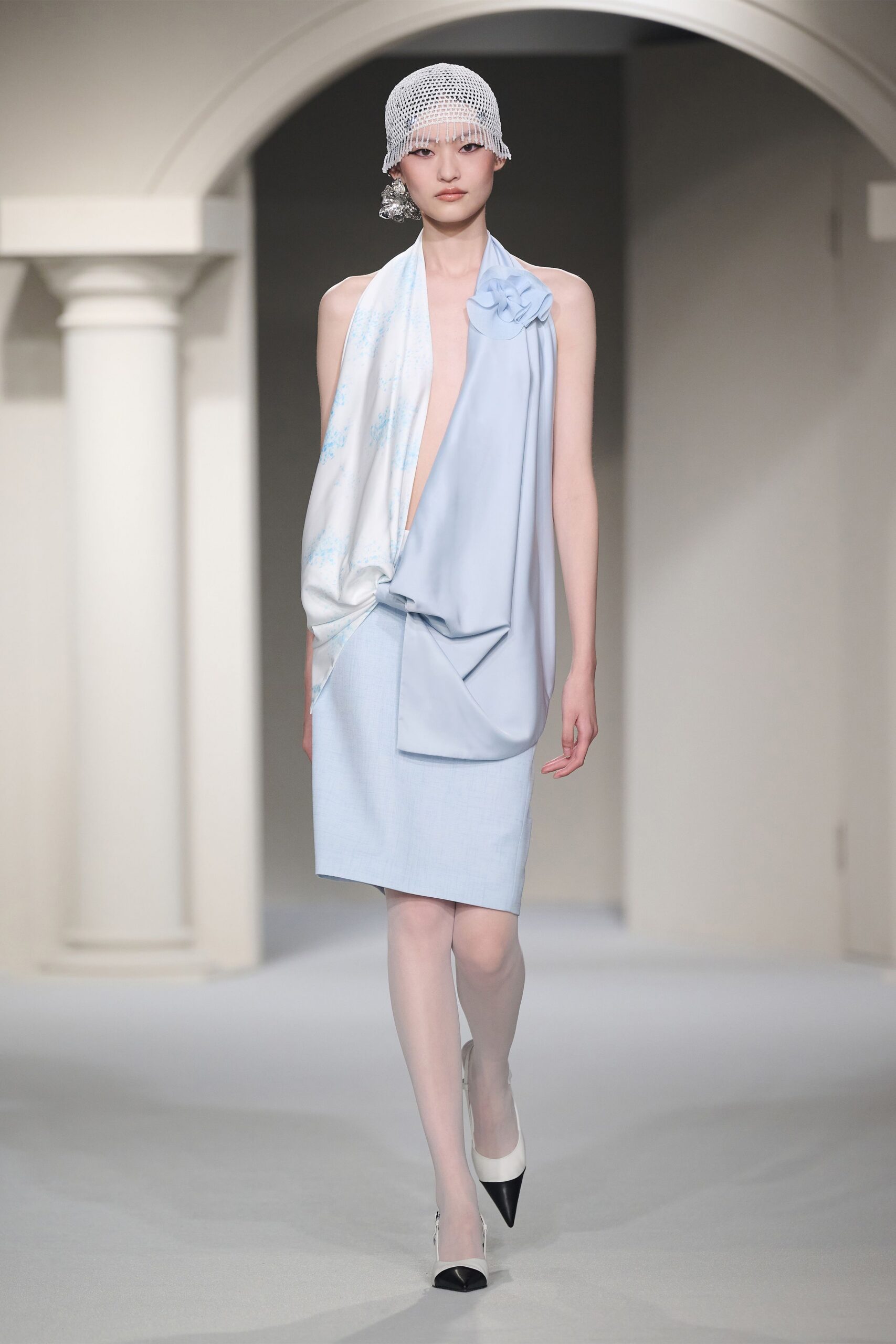 blue silk sleeveless v-neck fitted draped layered dress