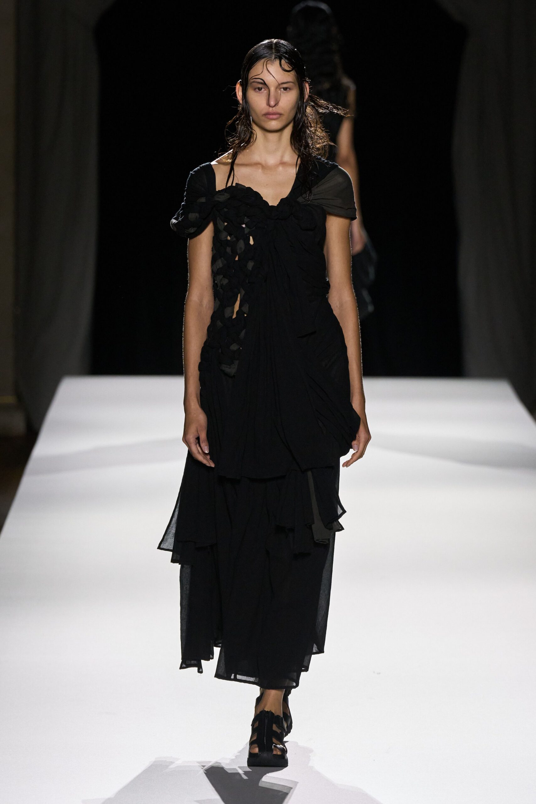 black silk sleeveless off-shoulder fitted draped layered dress