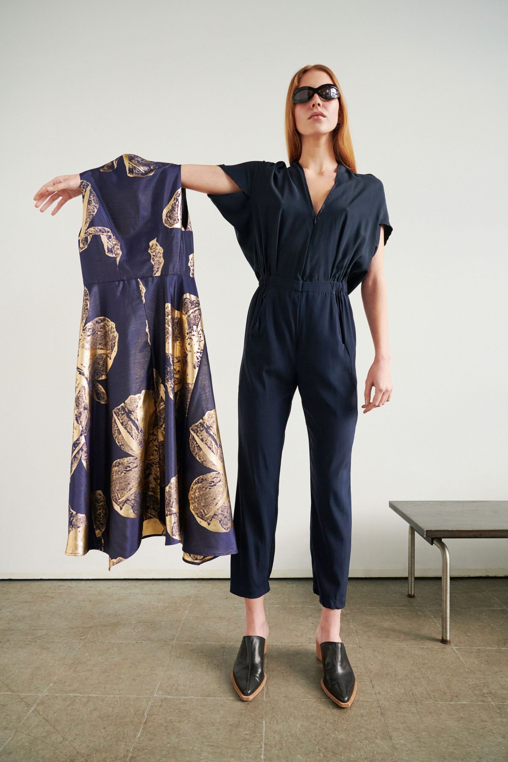 blue cotton short-sleeve collared fitted zippered jumpsuit