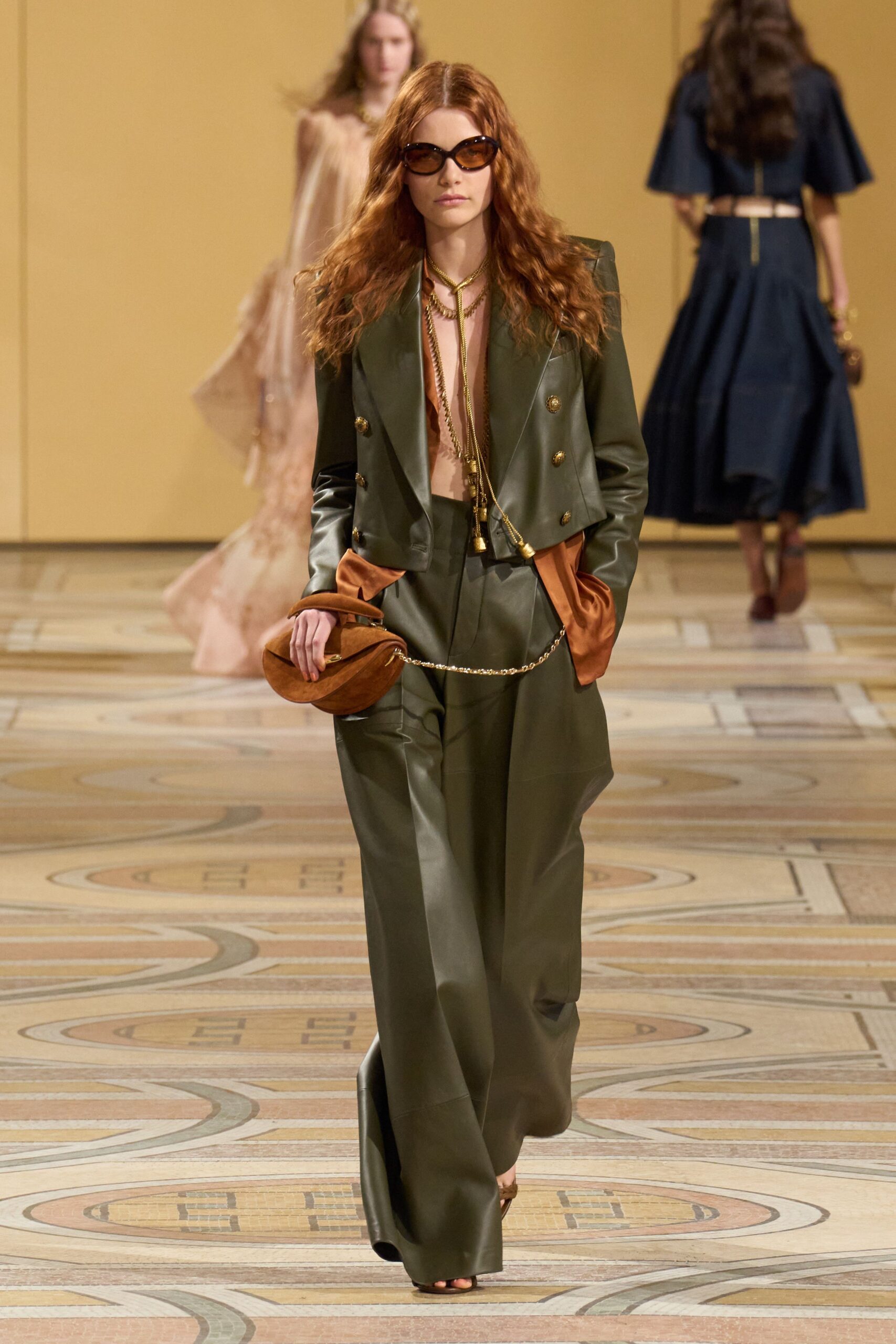green silk long-sleeve collared tailored blazer