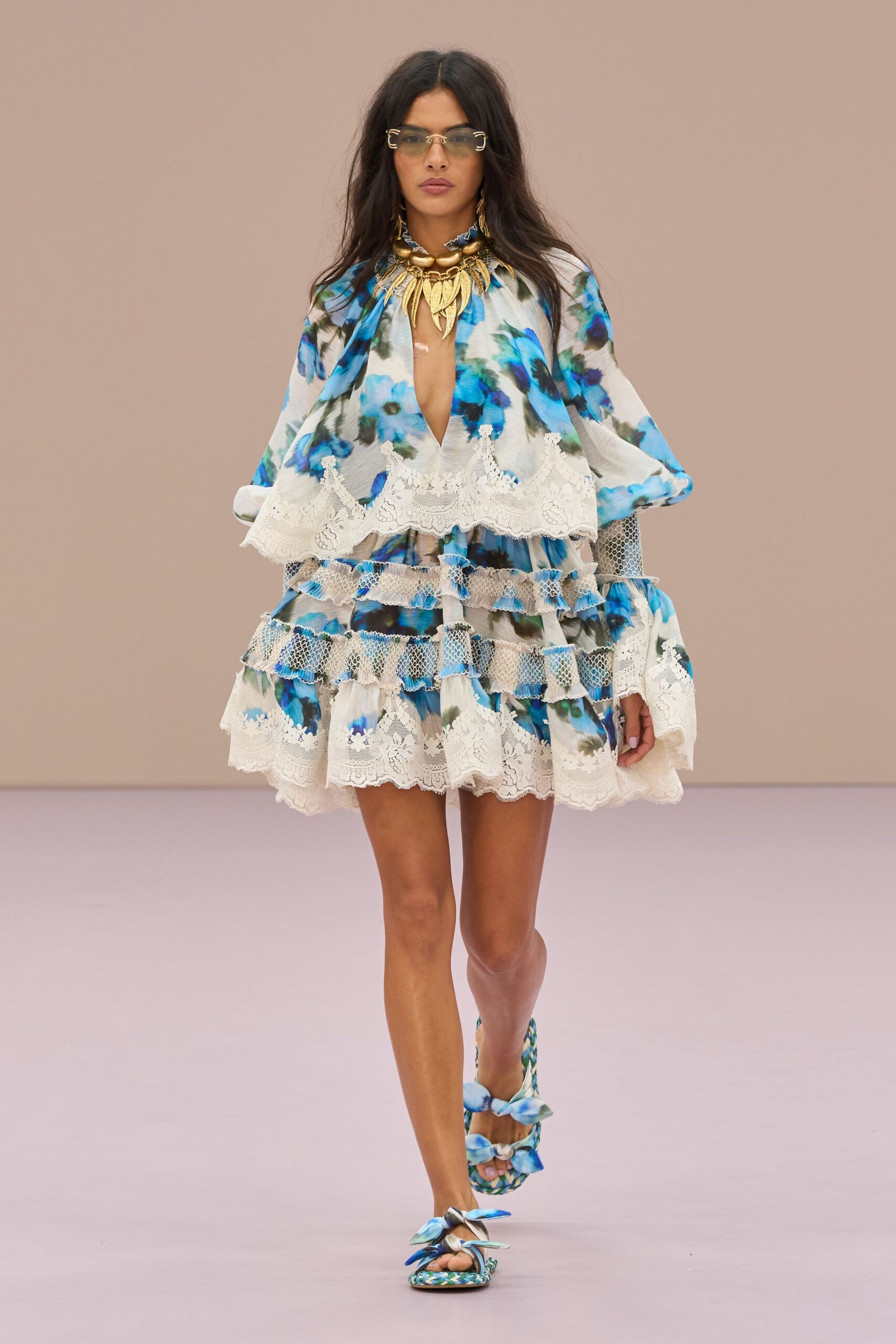 blue cotton long-sleeve v-neck fitted ruffled layered dress