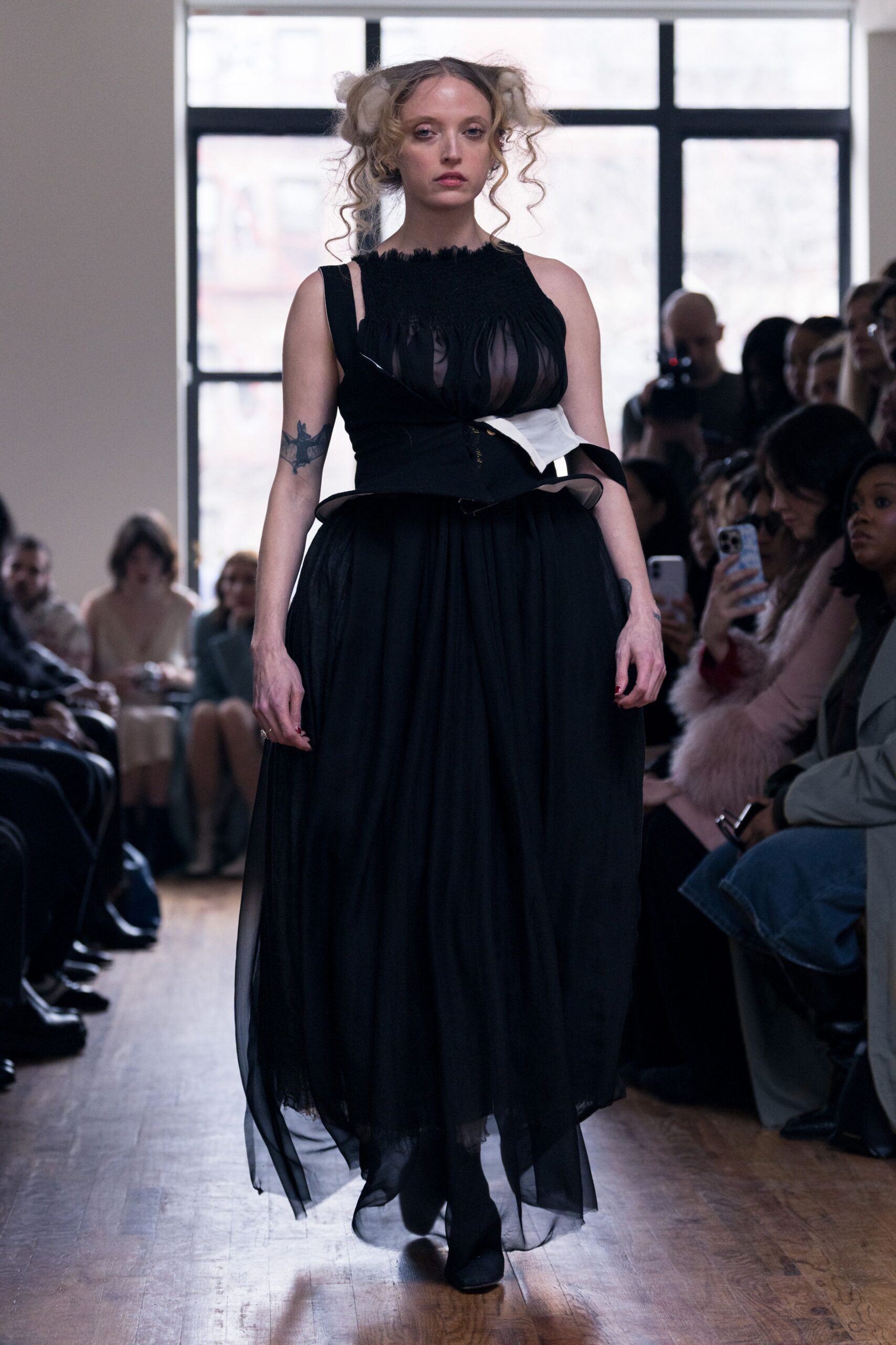 black silk sleeveless v-neck fitted pleated layered dress