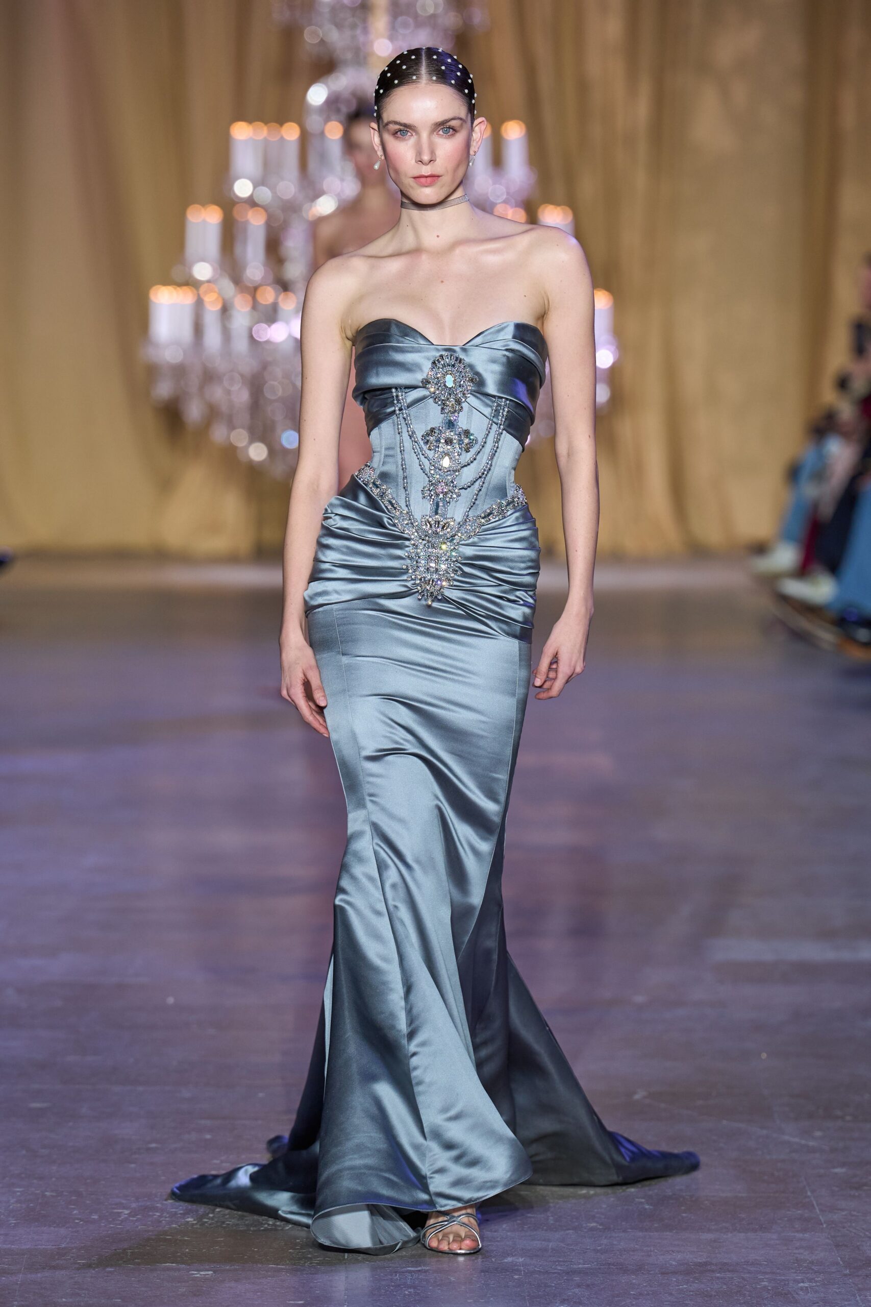 blue satin strapless fitted ruched embellished shiny gown