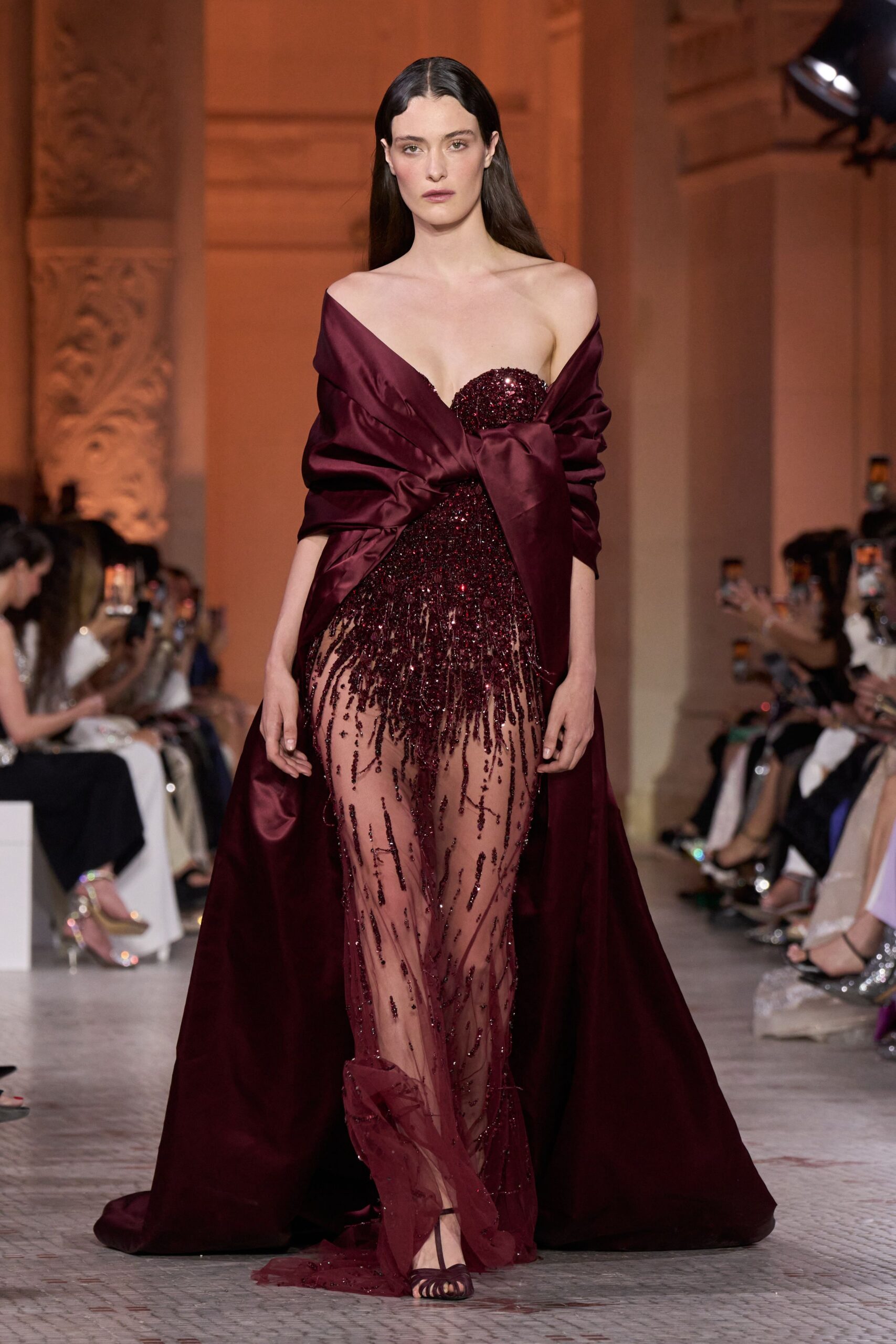 maroon silk strapless slit fitted beaded sheer gown