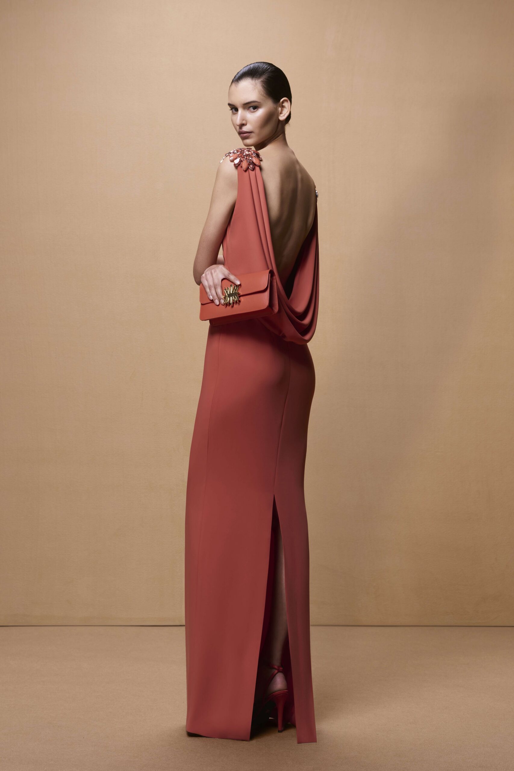red silk sleeveless backless fitted draped maxi gown