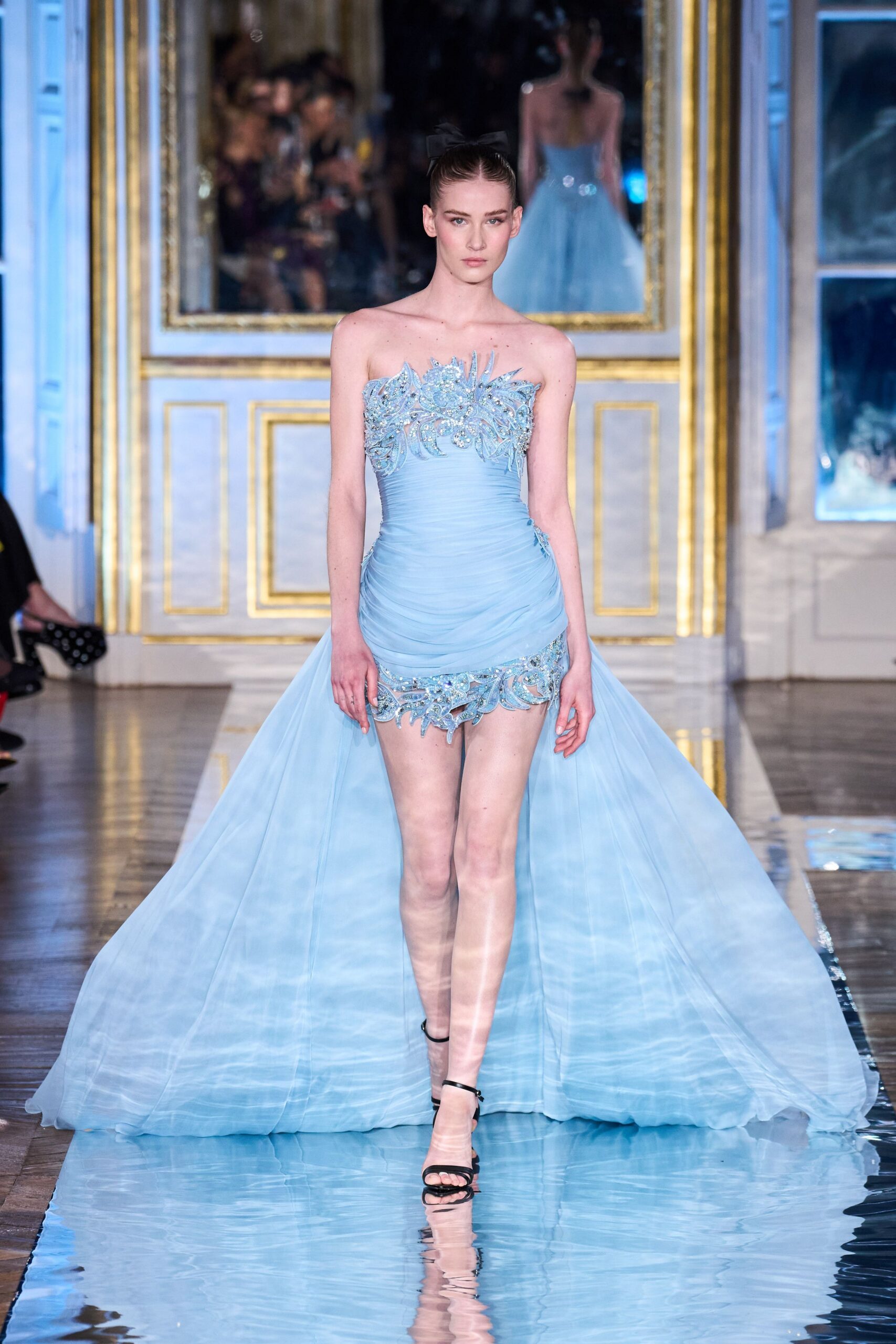 blue silk strapless fitted embroidered tiered flowing gown