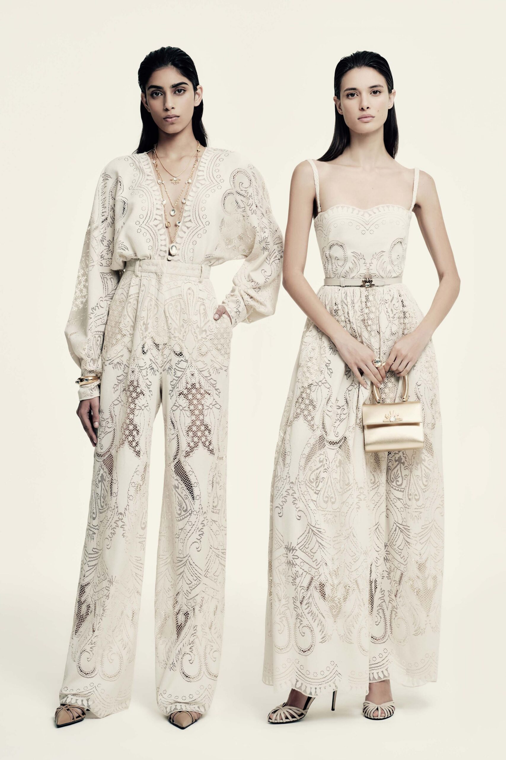 beige embroidered jumpsuit and gown