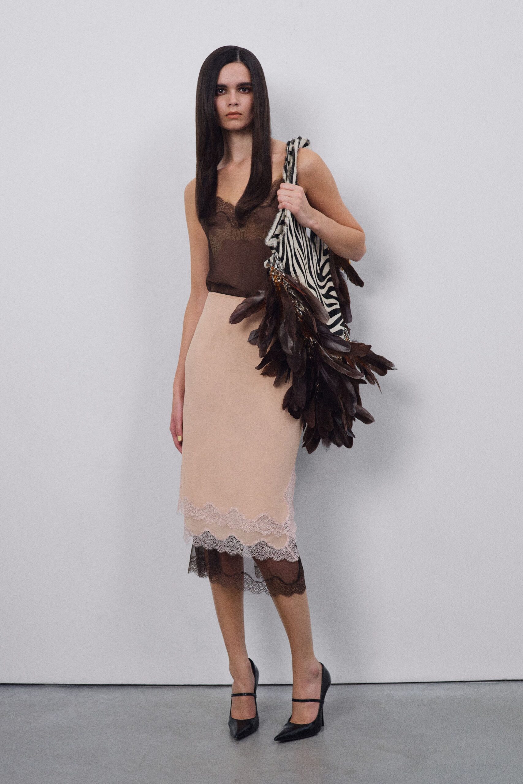 brown silk sleeveless v-neck fitted layered pleated dress