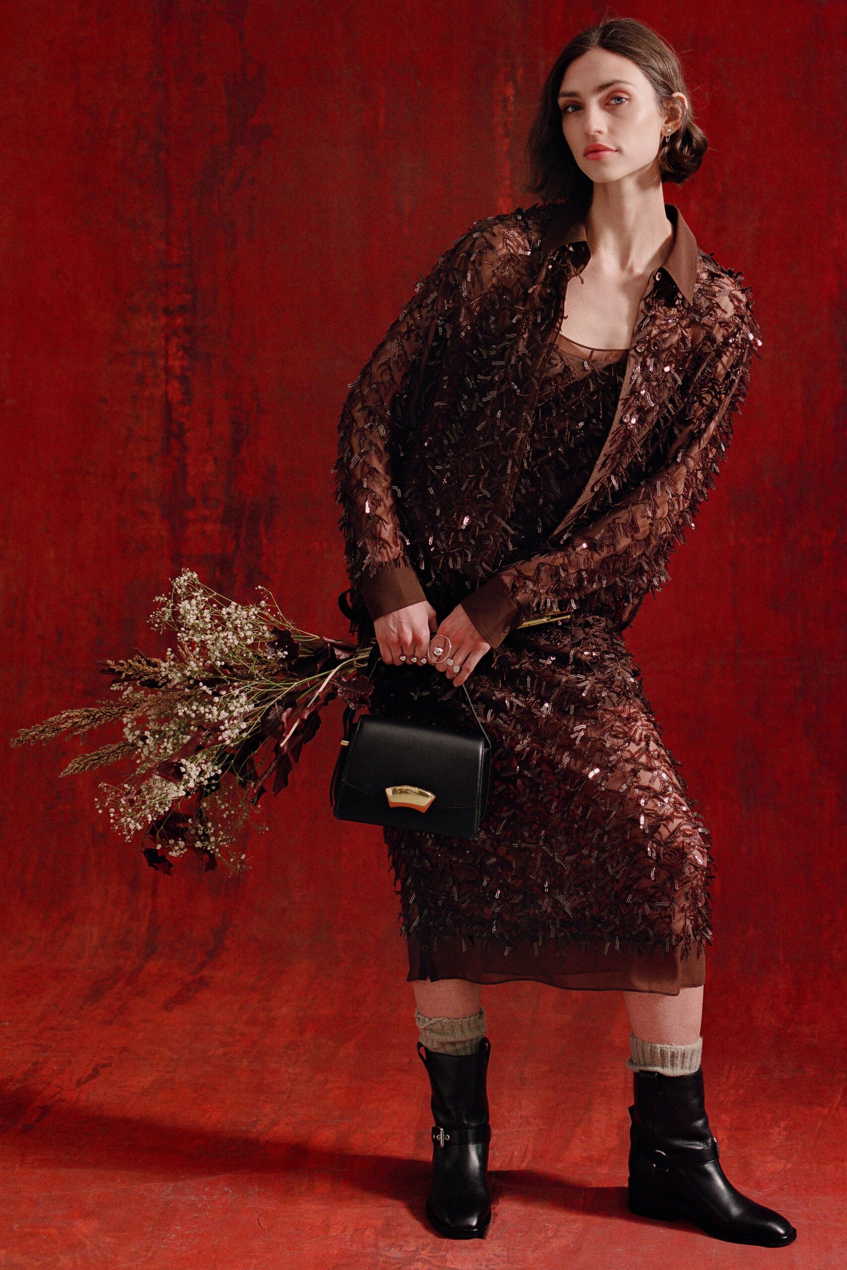 brown beaded midi dress