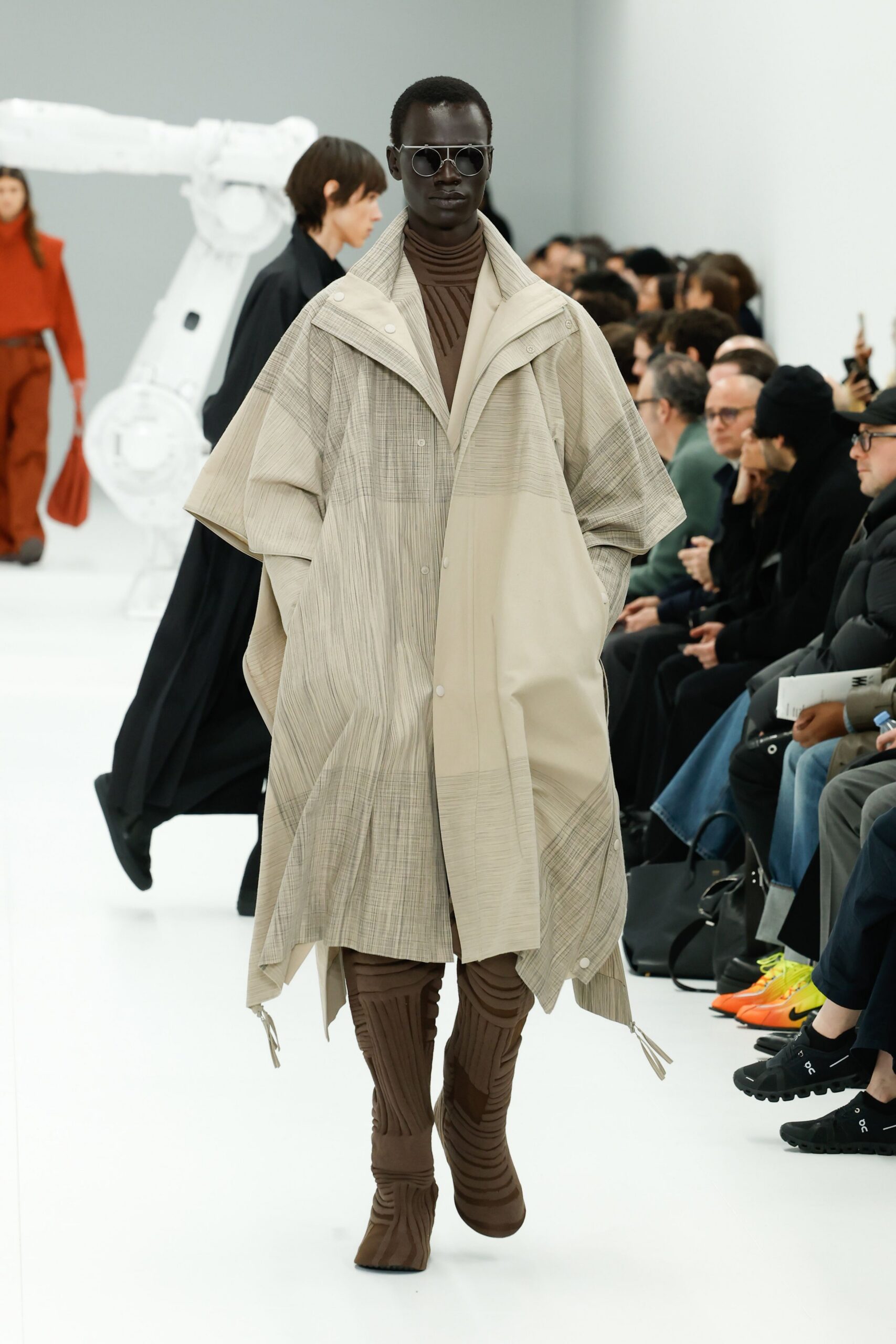 beige coat with brown pants
