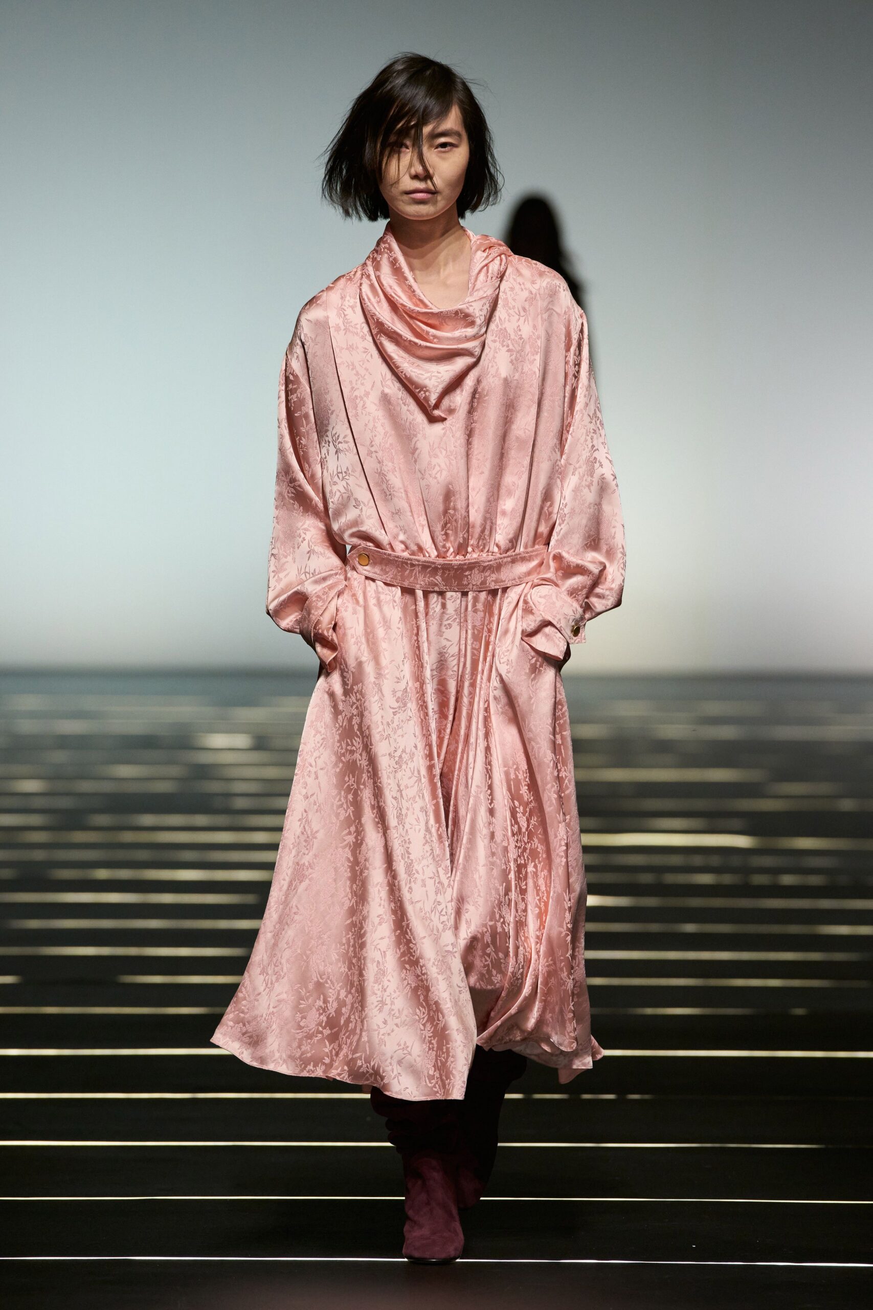 pink silk long-sleeve collared relaxed draped belted dress