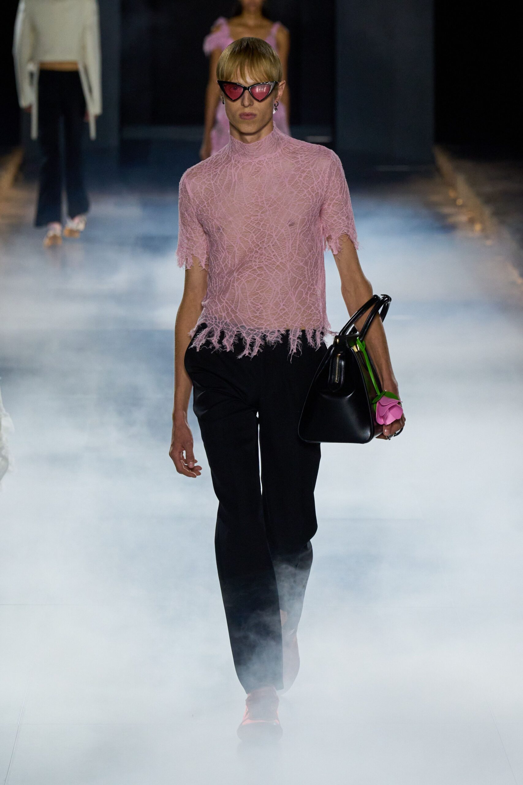 pink lace short-sleeve high-neck fitted fringed sheer top