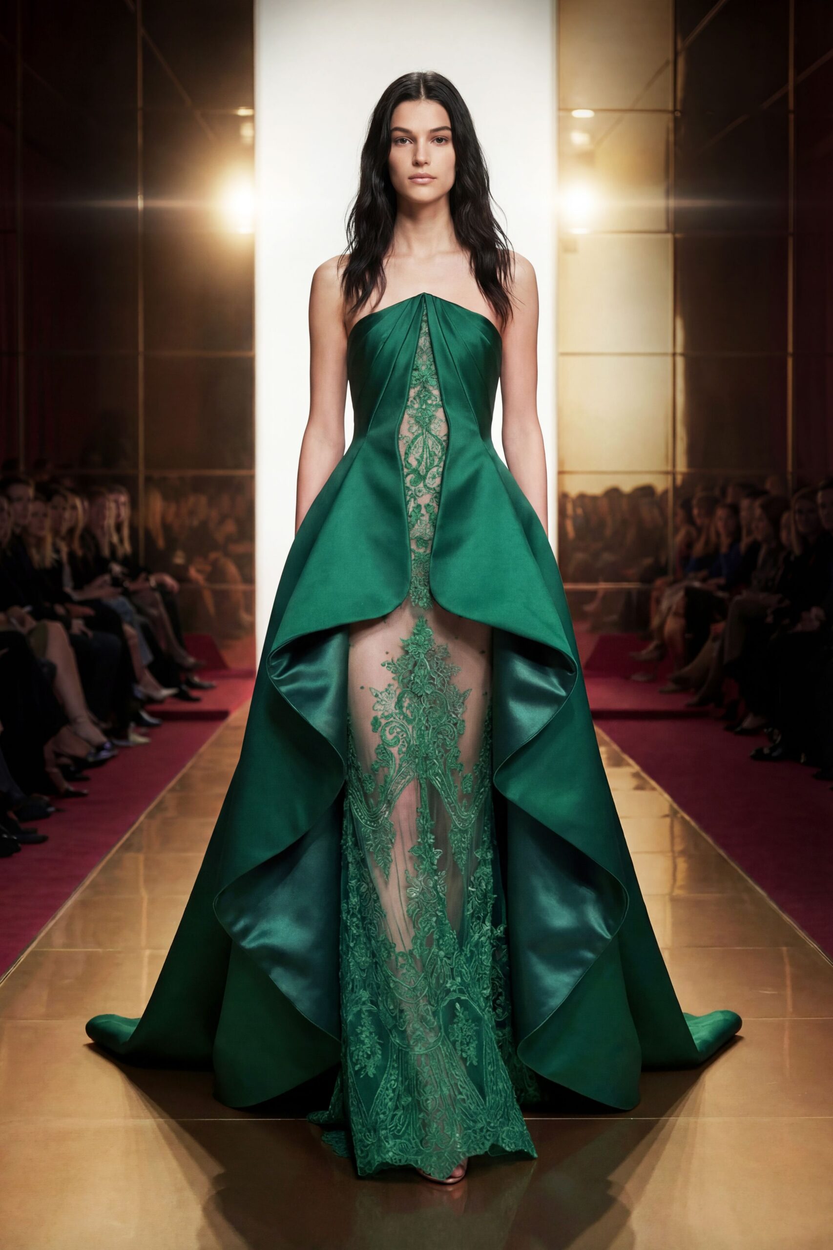 green silk strapless gown