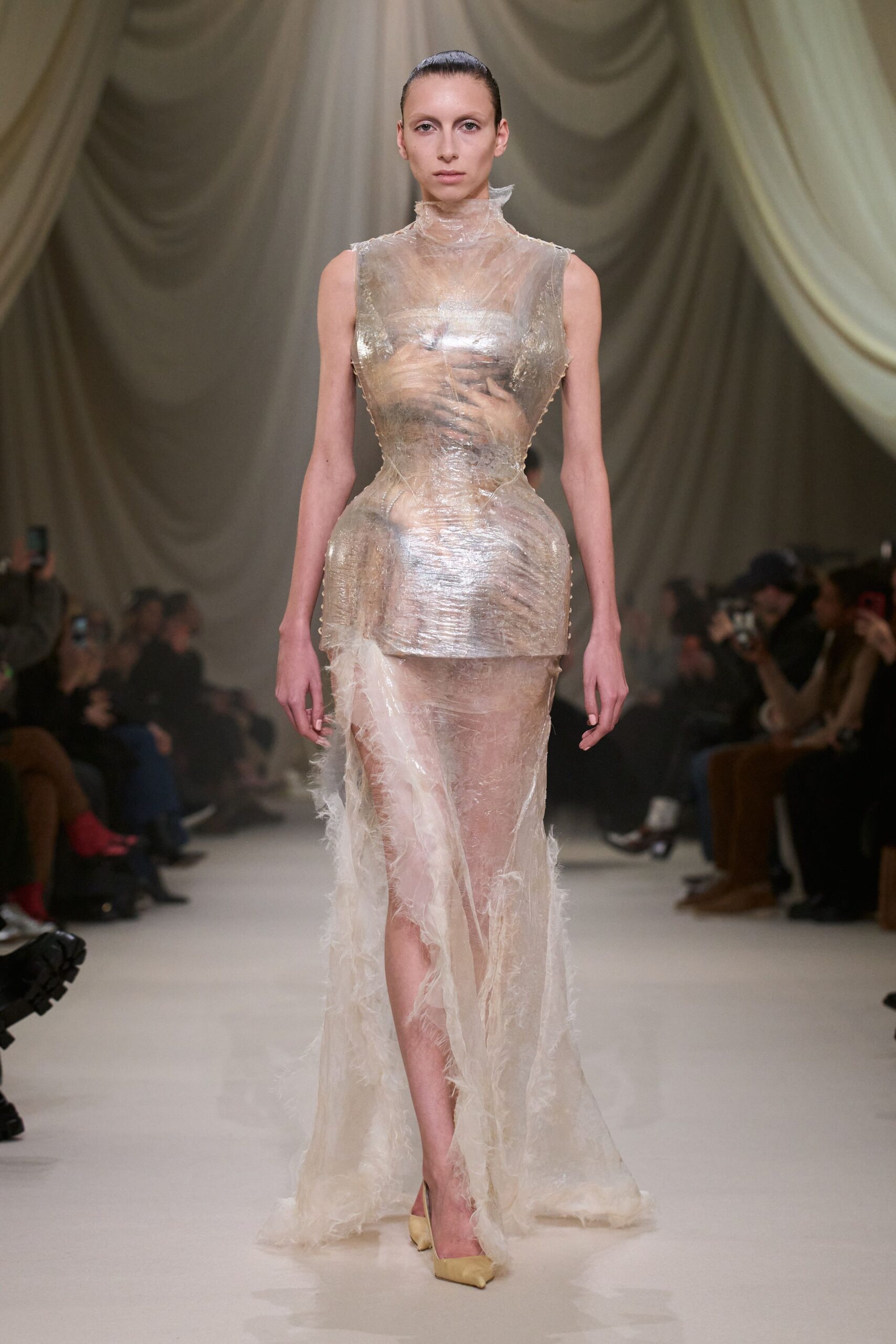 clear silk sleeveless high-neck fitted pleated draped gown