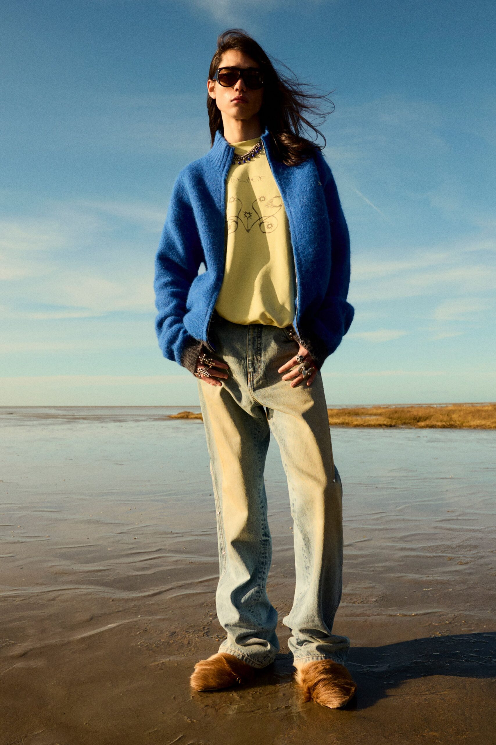 blue wool long-sleeve collared relaxed jacket