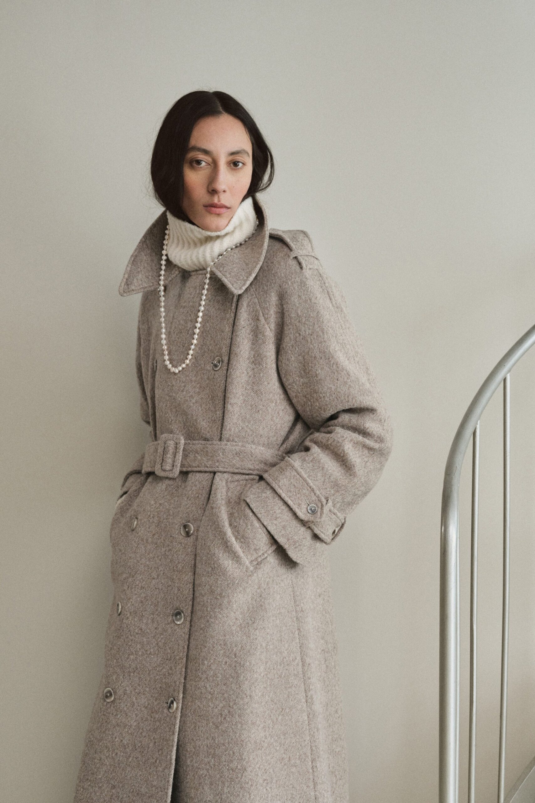 beige wool long-sleeve collared fitted buttoned belted coat
