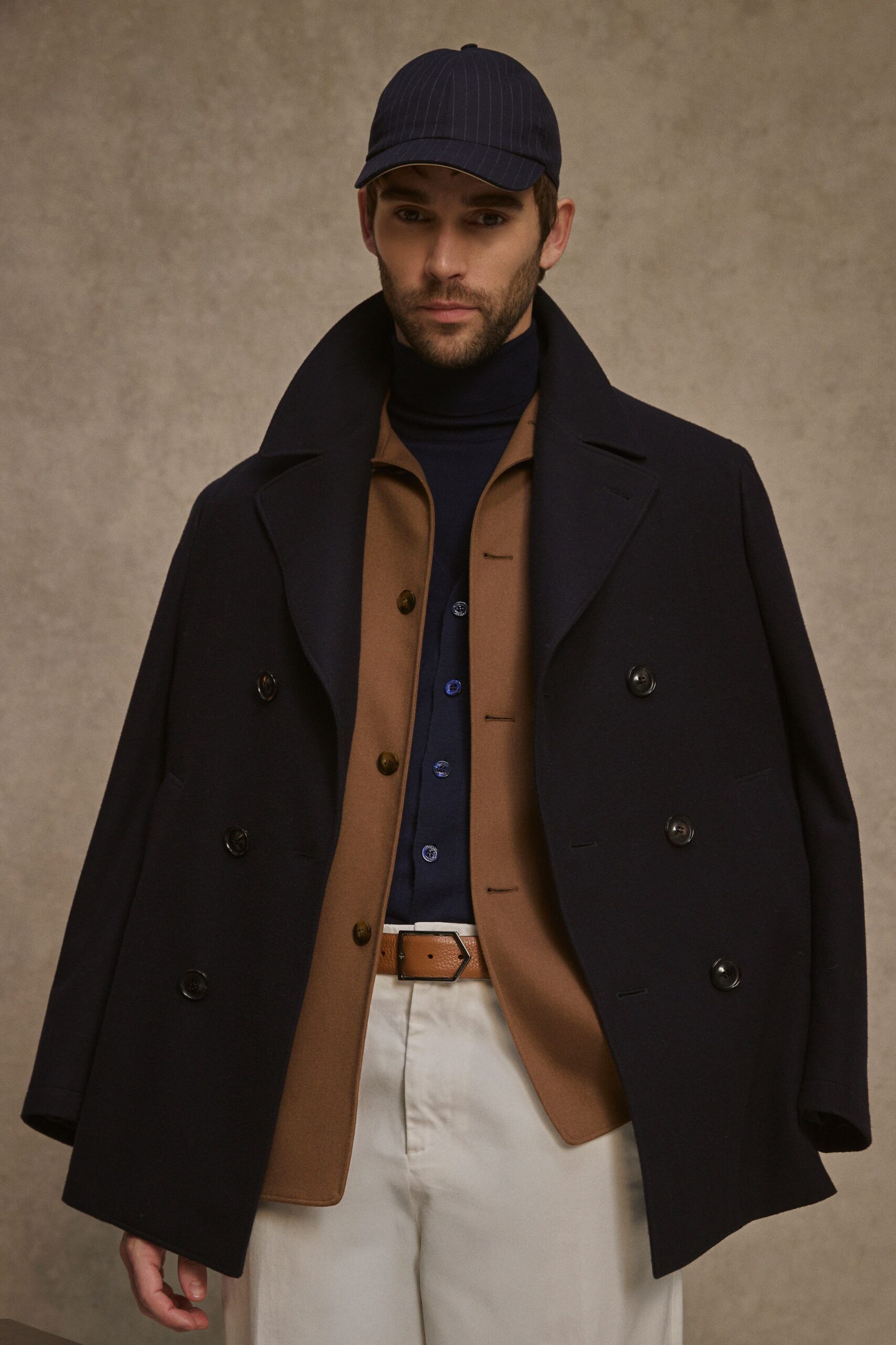 black wool coat with brown blazer