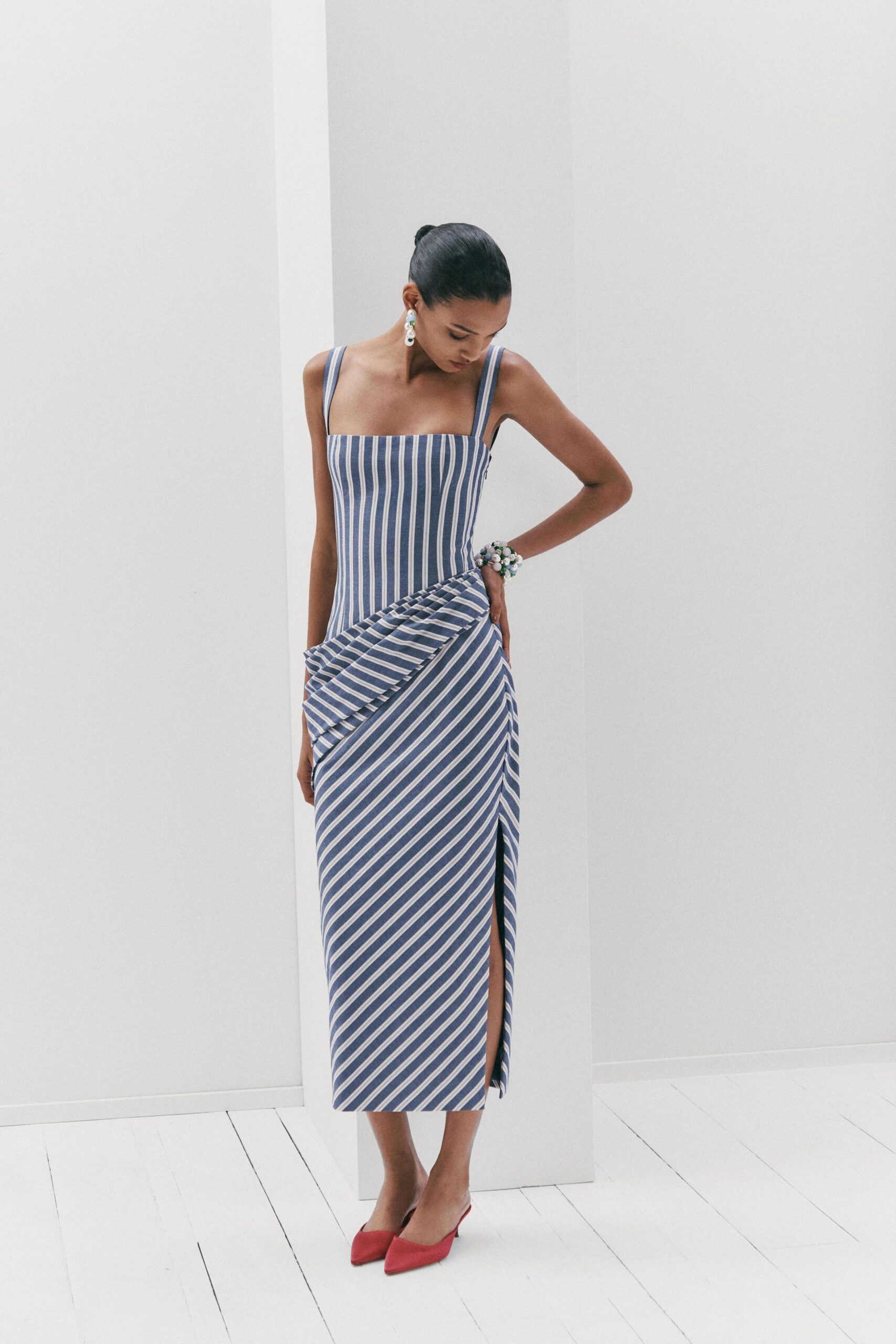 blue cotton sleeveless square-neck fitted striped ruched dress