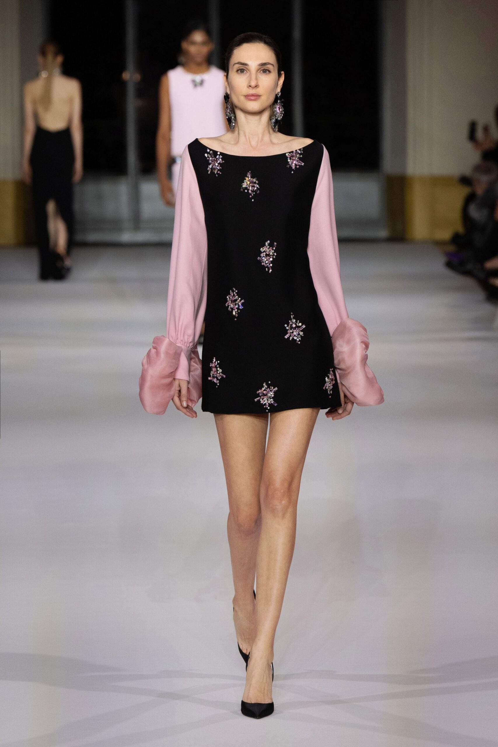 black and pink embroidered mini dress