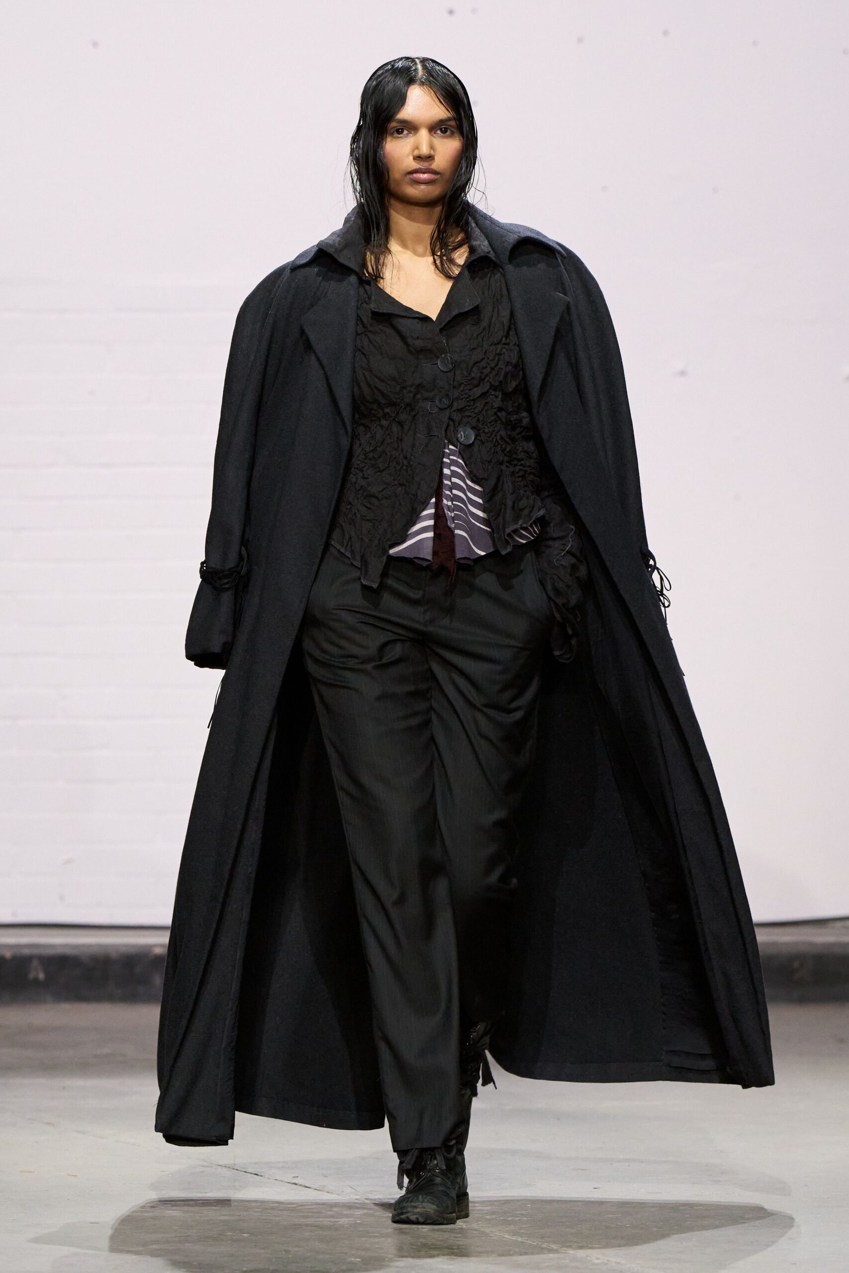 black wool long-sleeve collared relaxed layered maxi coat