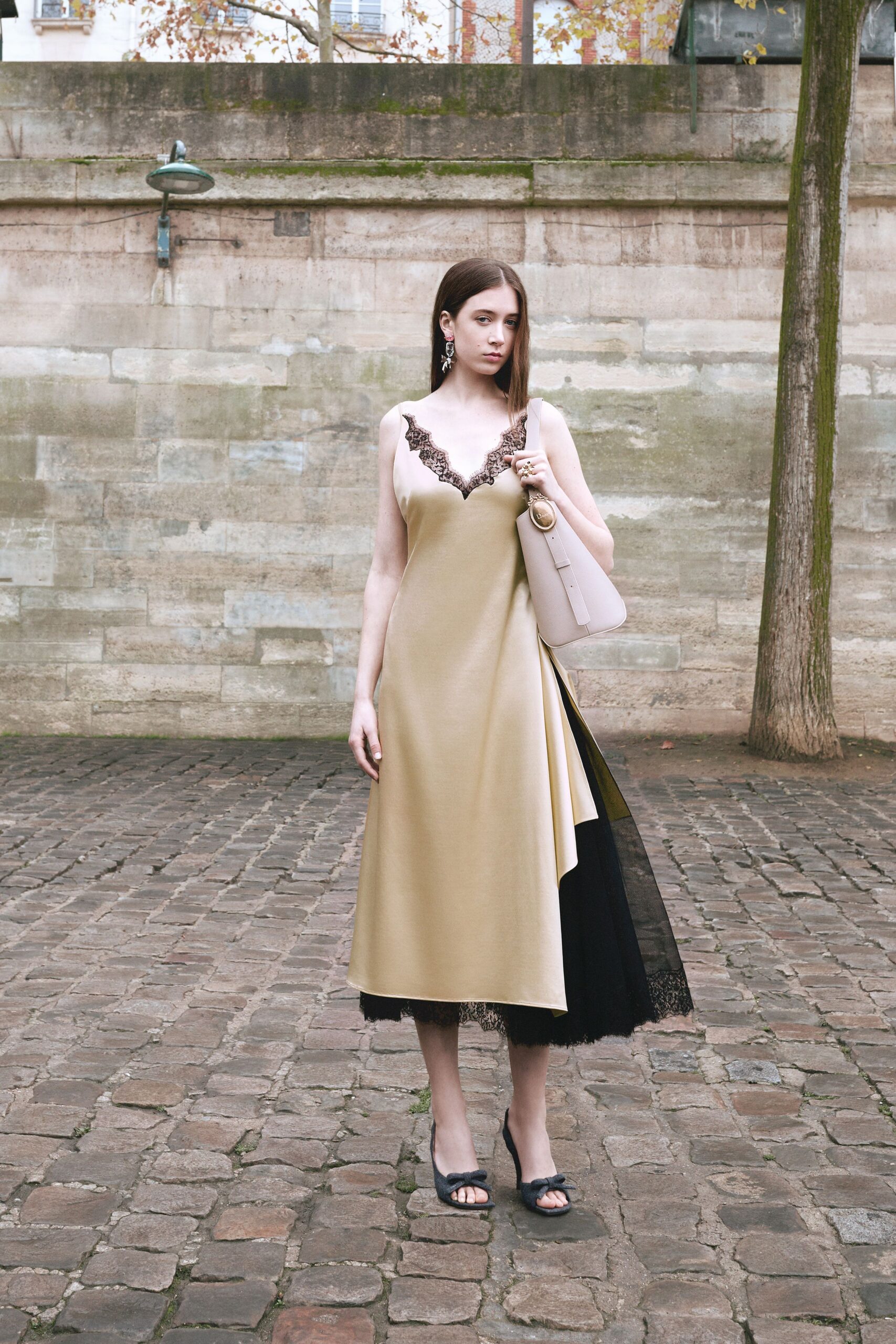 beige and black asymmetric dress