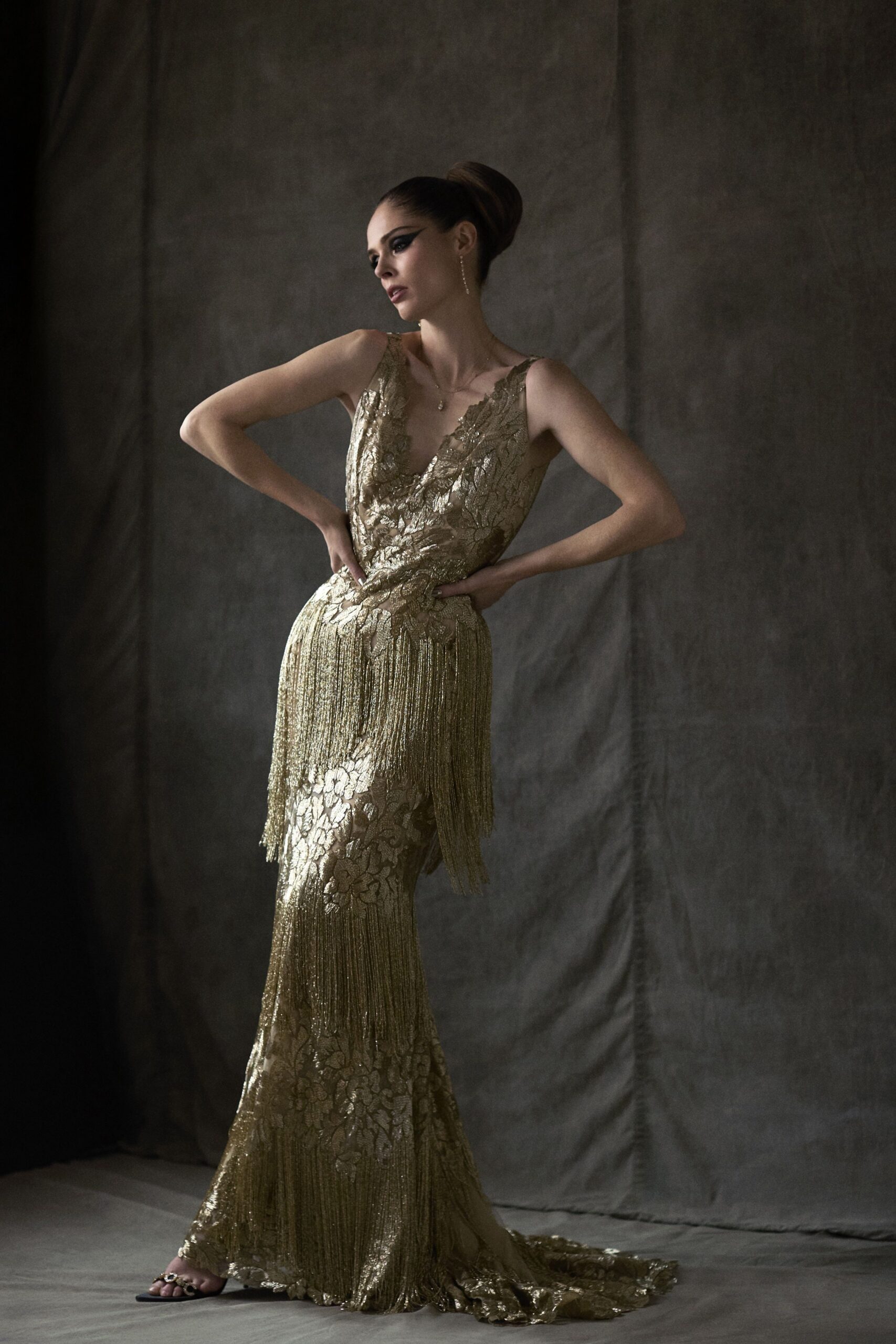 gold lace fringed gown