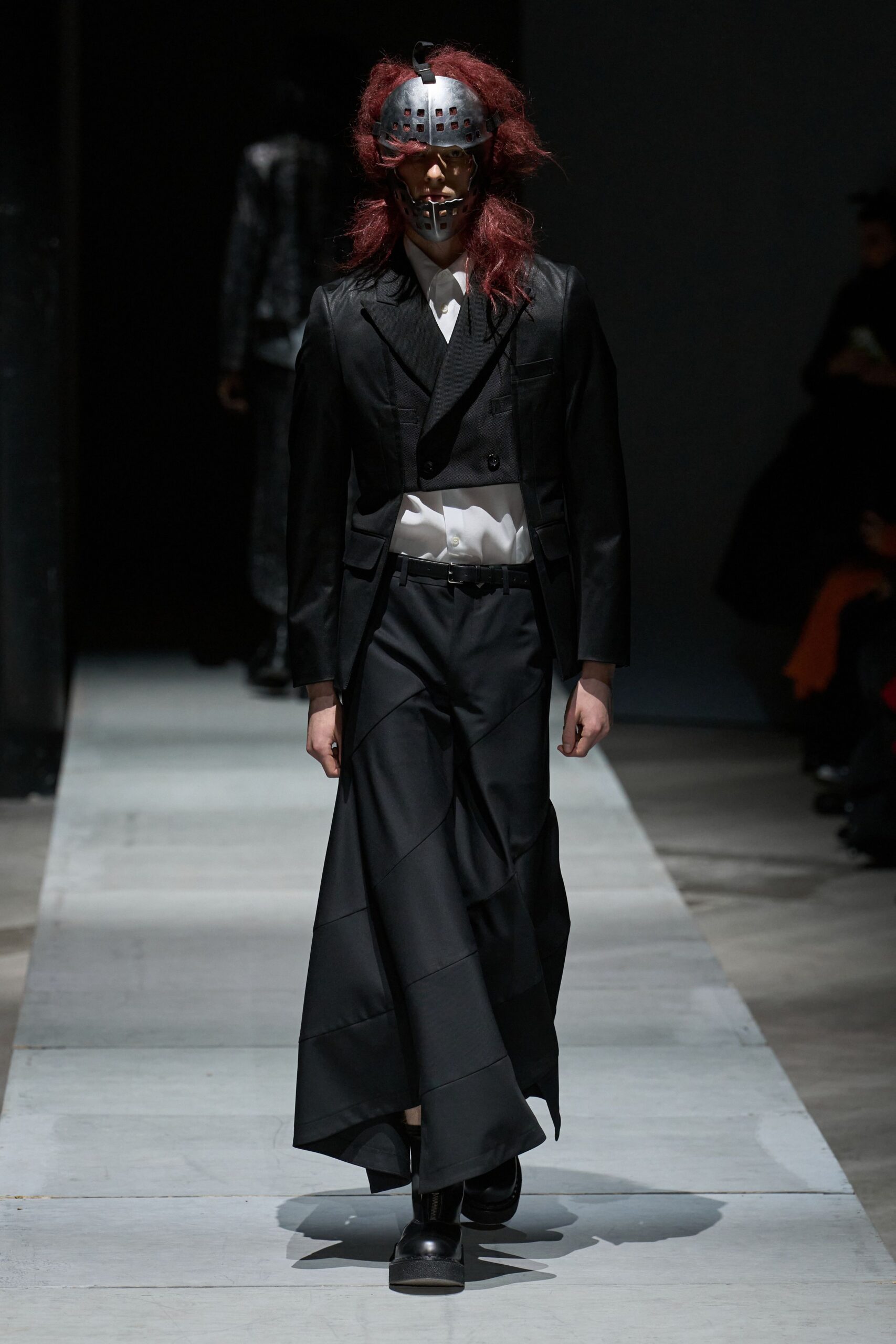 black leather blazer with wide-leg pants