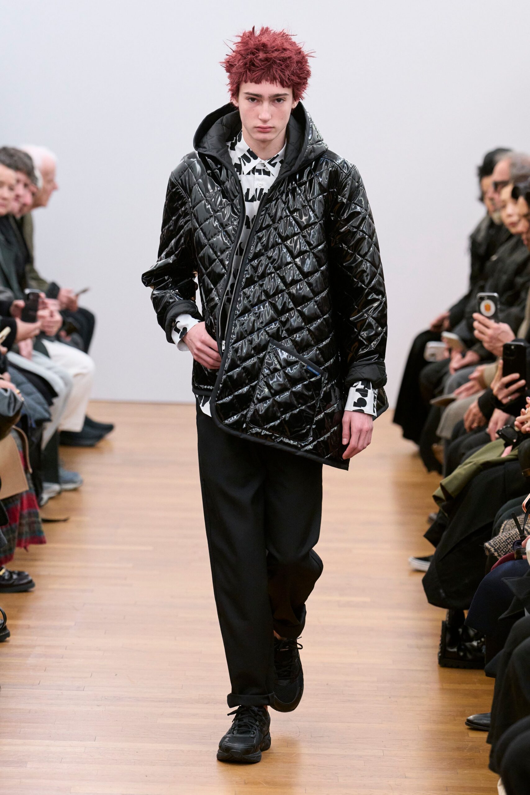 black quilted jacket with shirt and pants