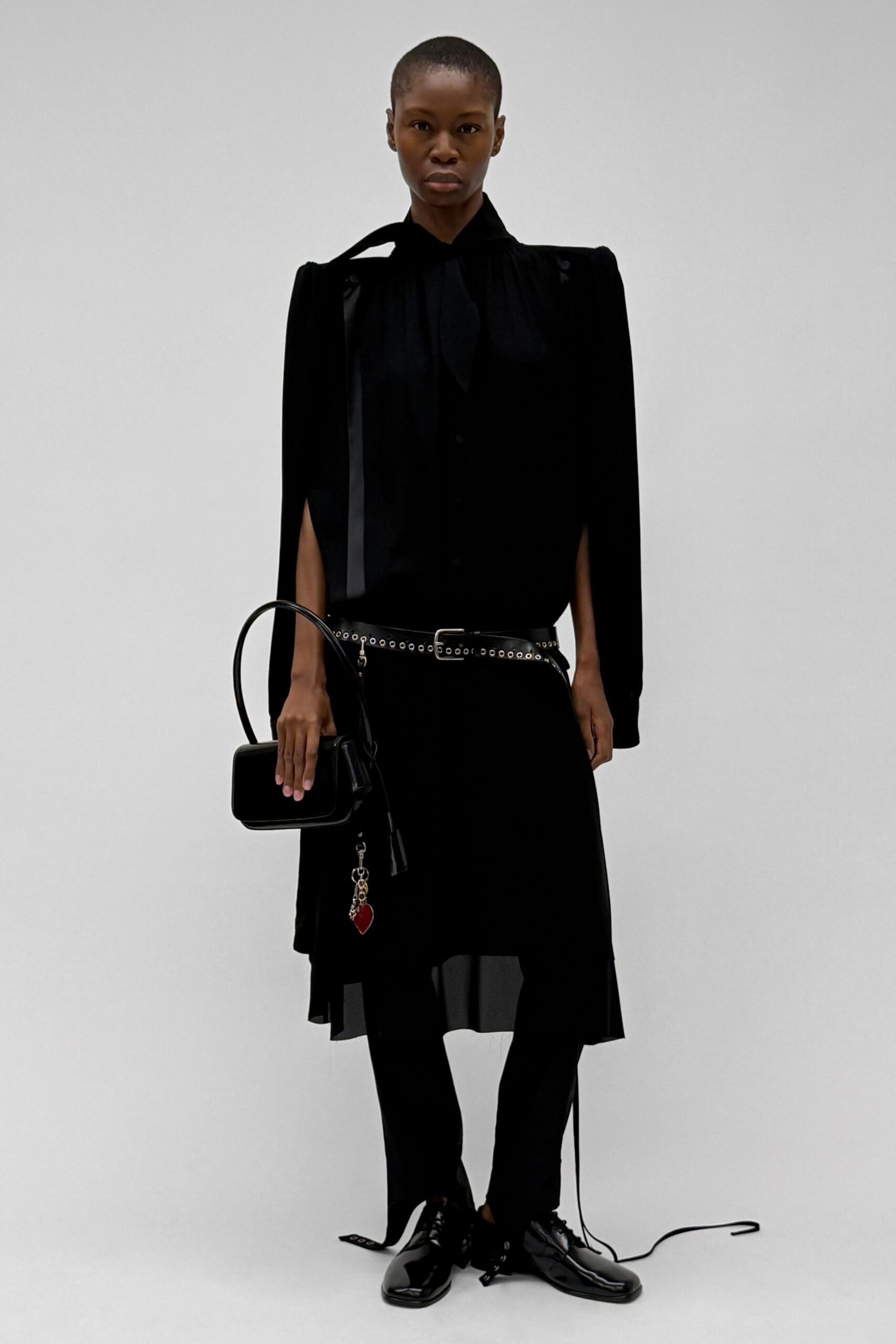 black silk long-sleeve collared fitted pleated layered shirt-dress