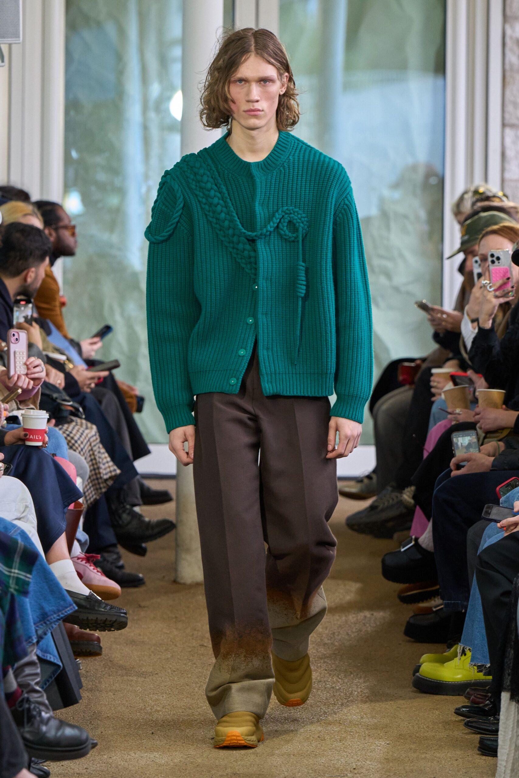 teal knit sweater brown pants yellow shoes