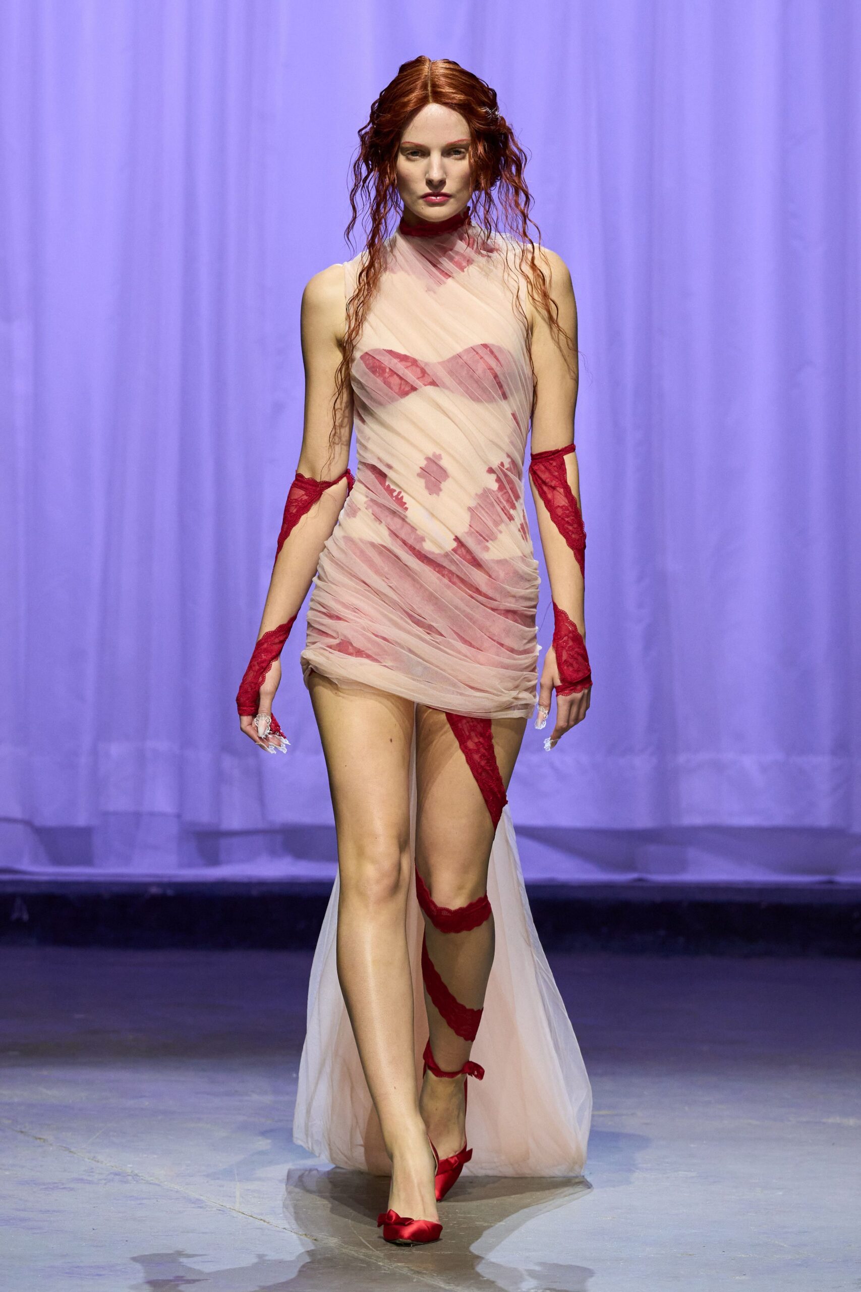 pink silk sleeveless high-neck fitted draped dress