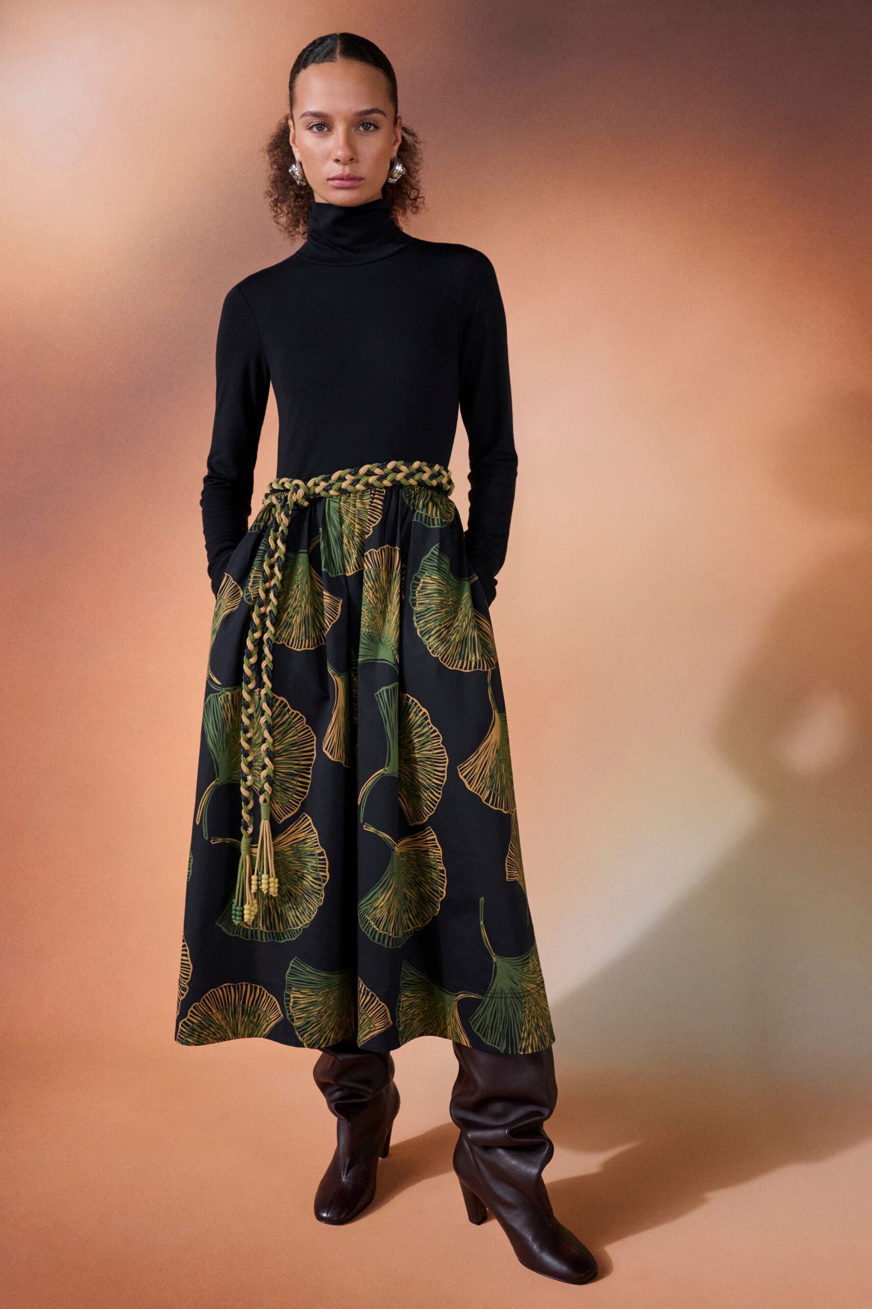 black fitted top with printed skirt