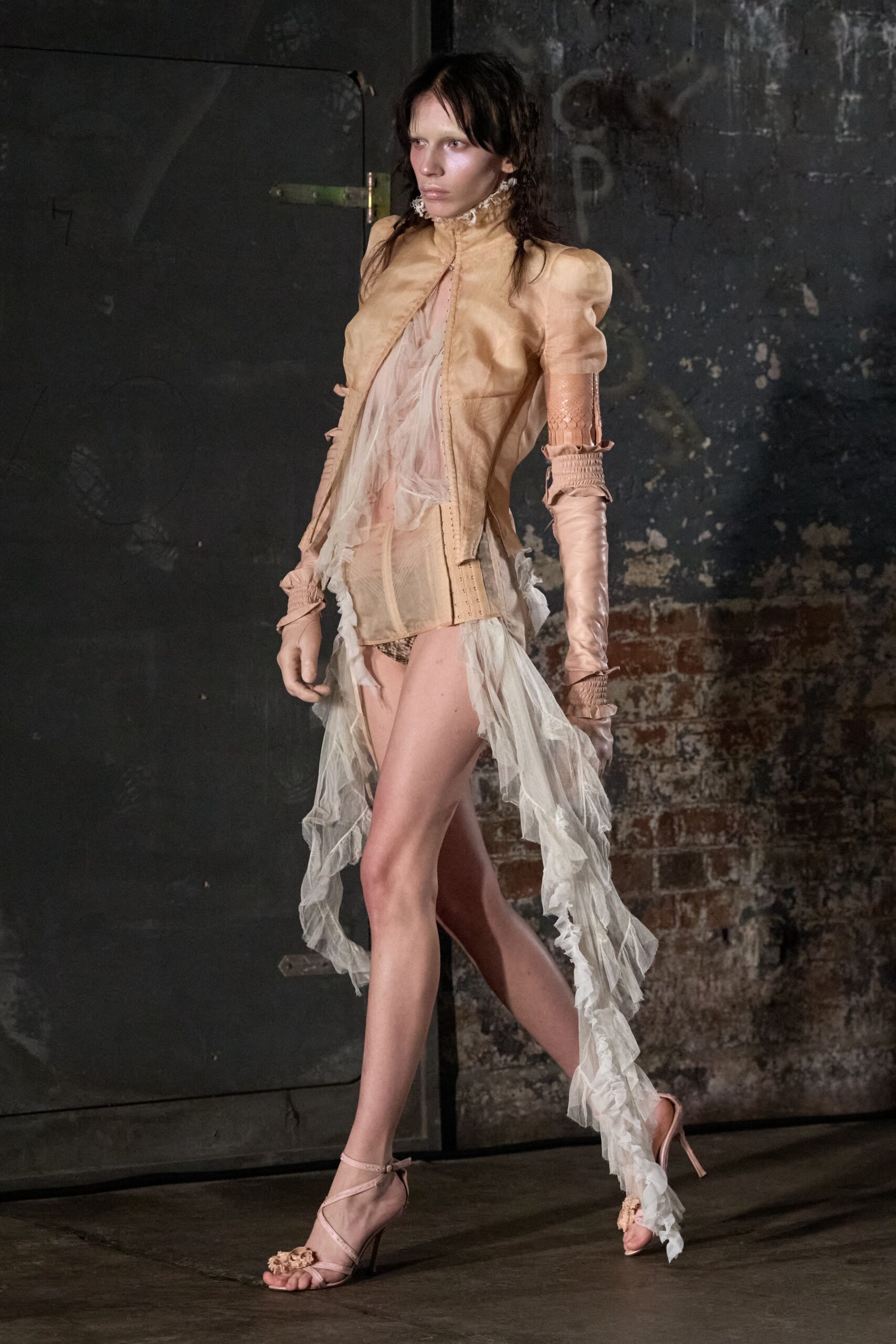 beige silk long-sleeve collared fitted layered ruffled jacket