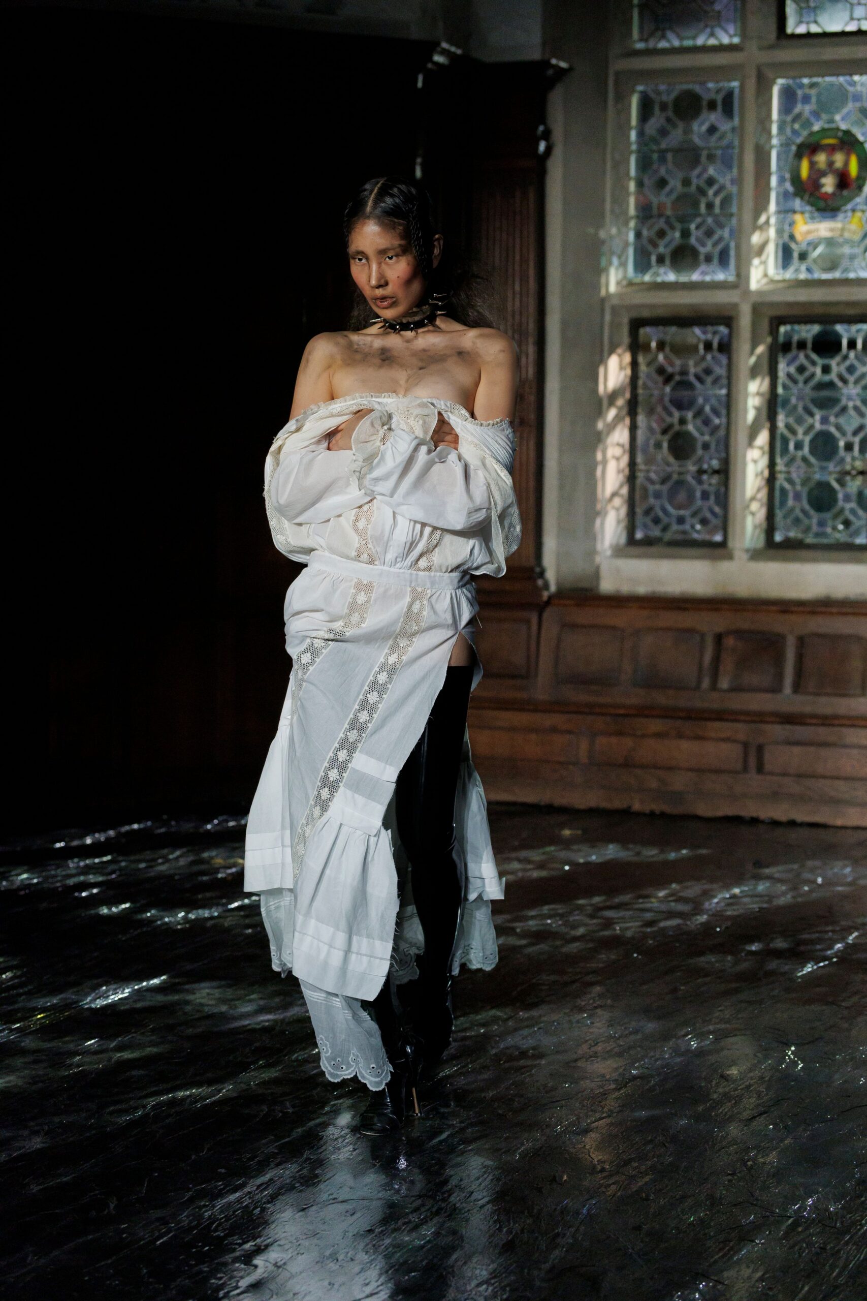 white silk off-shoulder long-sleeve fitted ruffled layered gown
