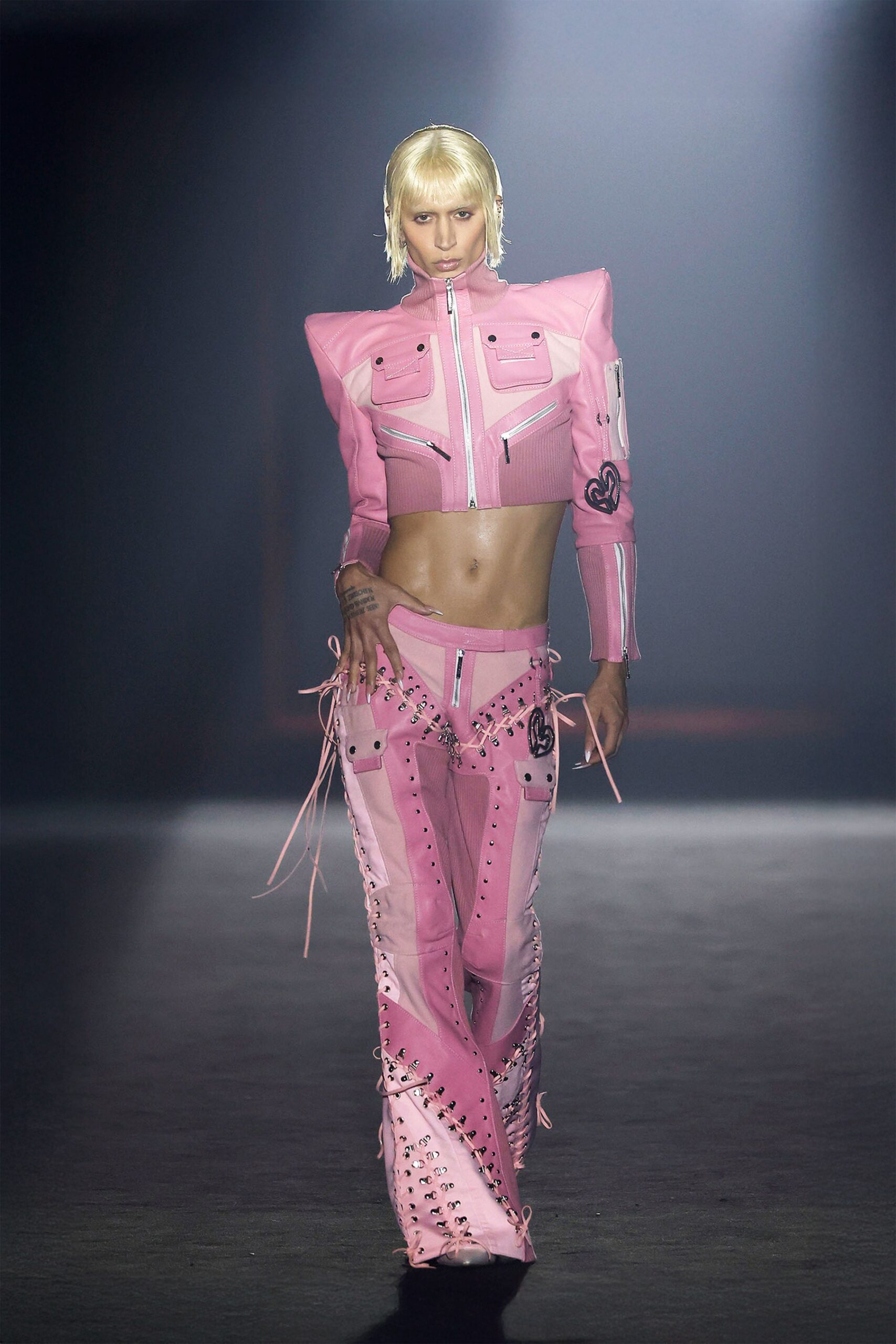 pink leather long-sleeve collared fitted zippered padded jacket