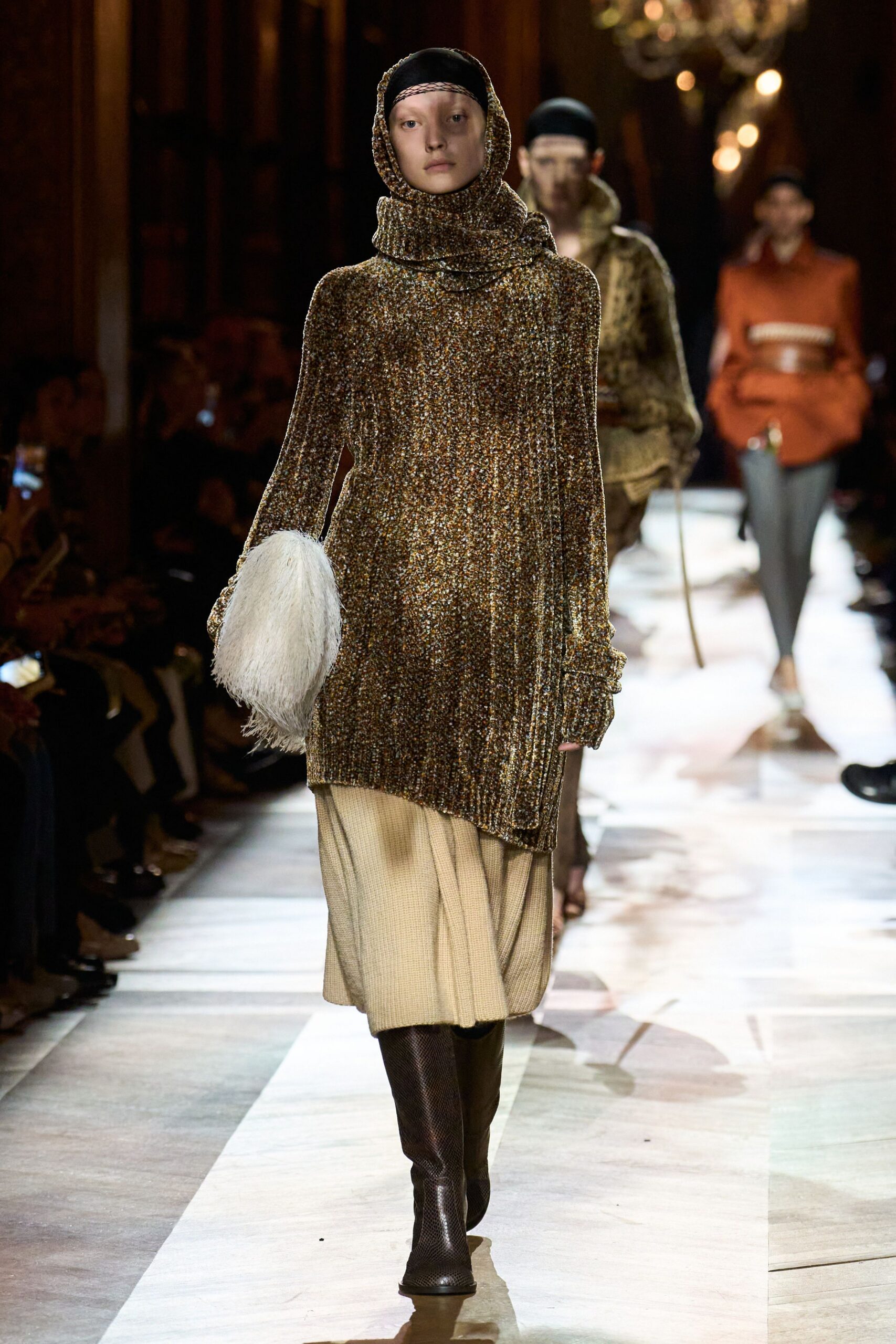 gold wool long-sleeve high-neck relaxed textured shiny sweater