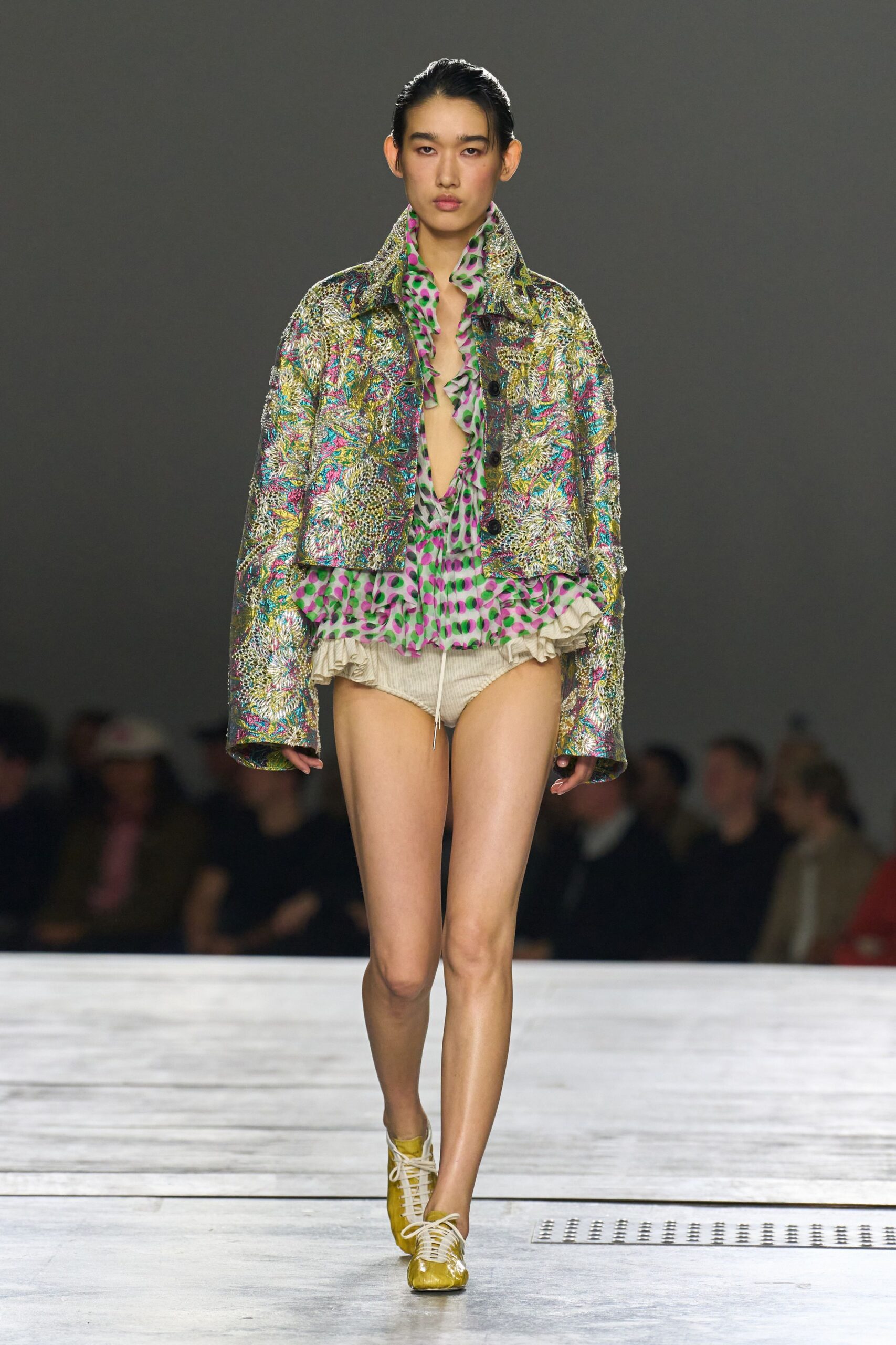 multi silk long-sleeve v-neck relaxed embroidered shiny jacket