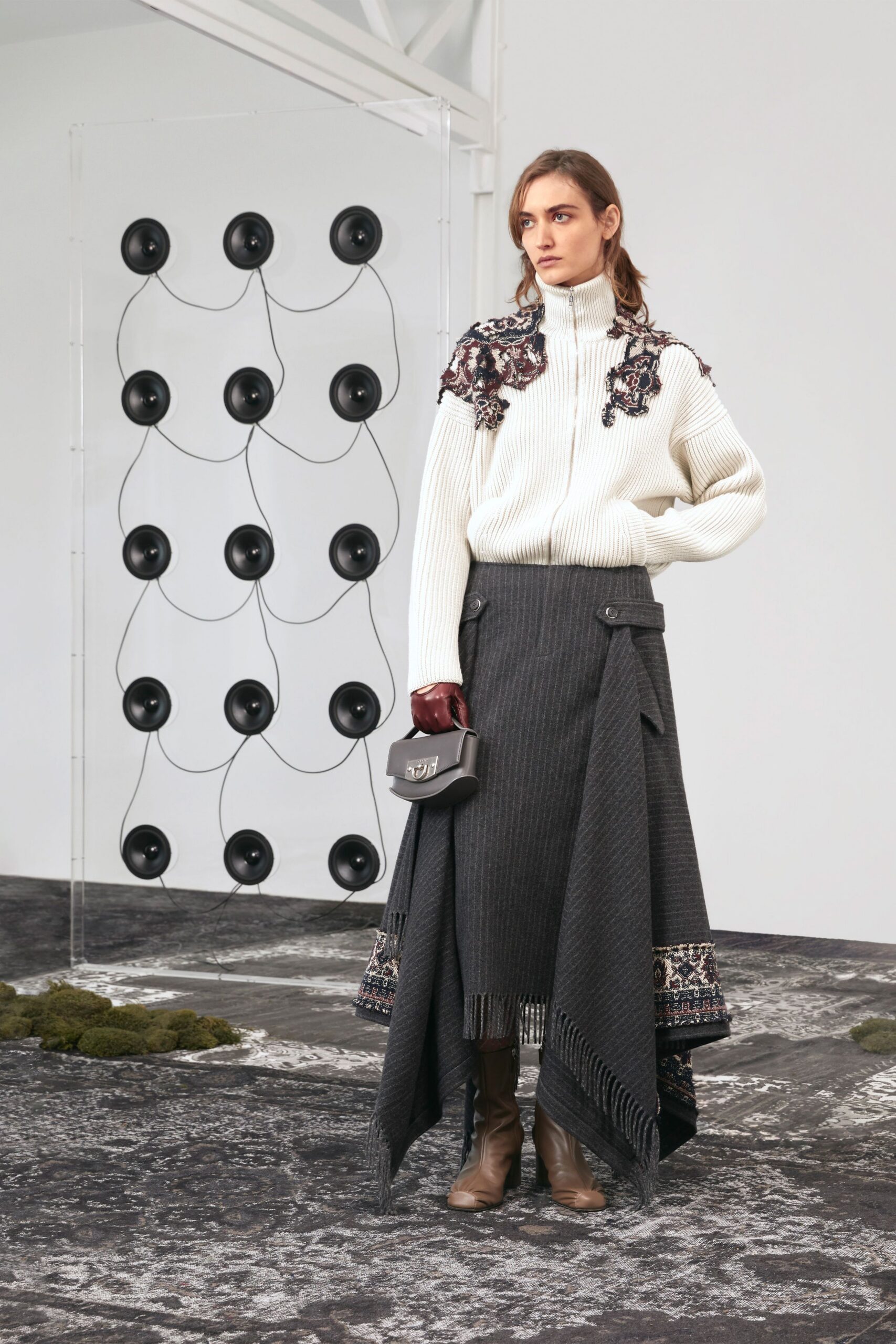gray wool asymmetric relaxed pleated skirt
