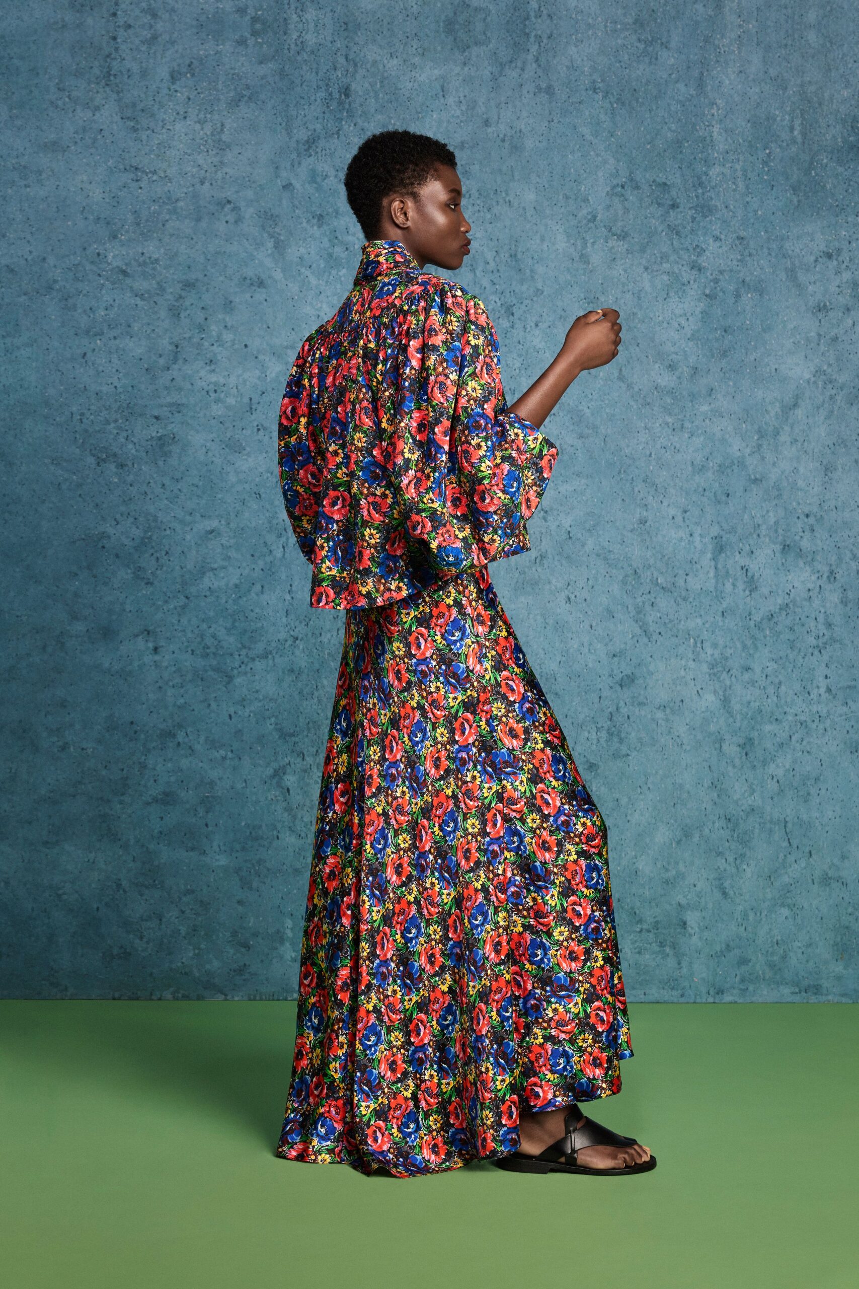 multi silk long-sleeve collared fitted floral flared dress