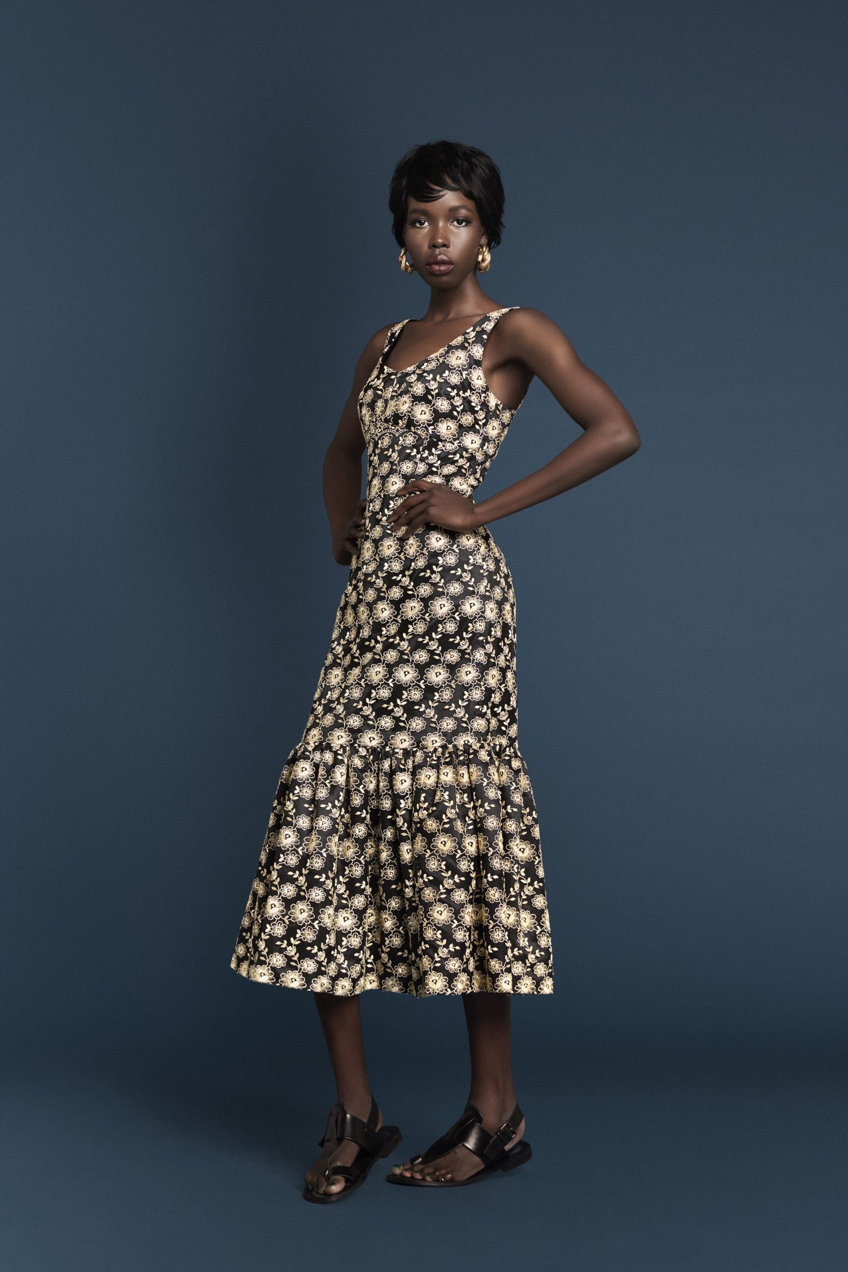 black and white printed midi dress