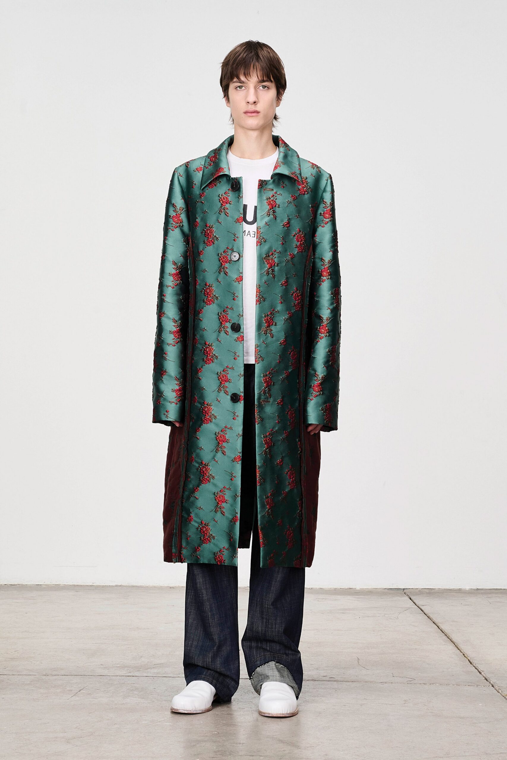 green embroidered coat with t-shirt