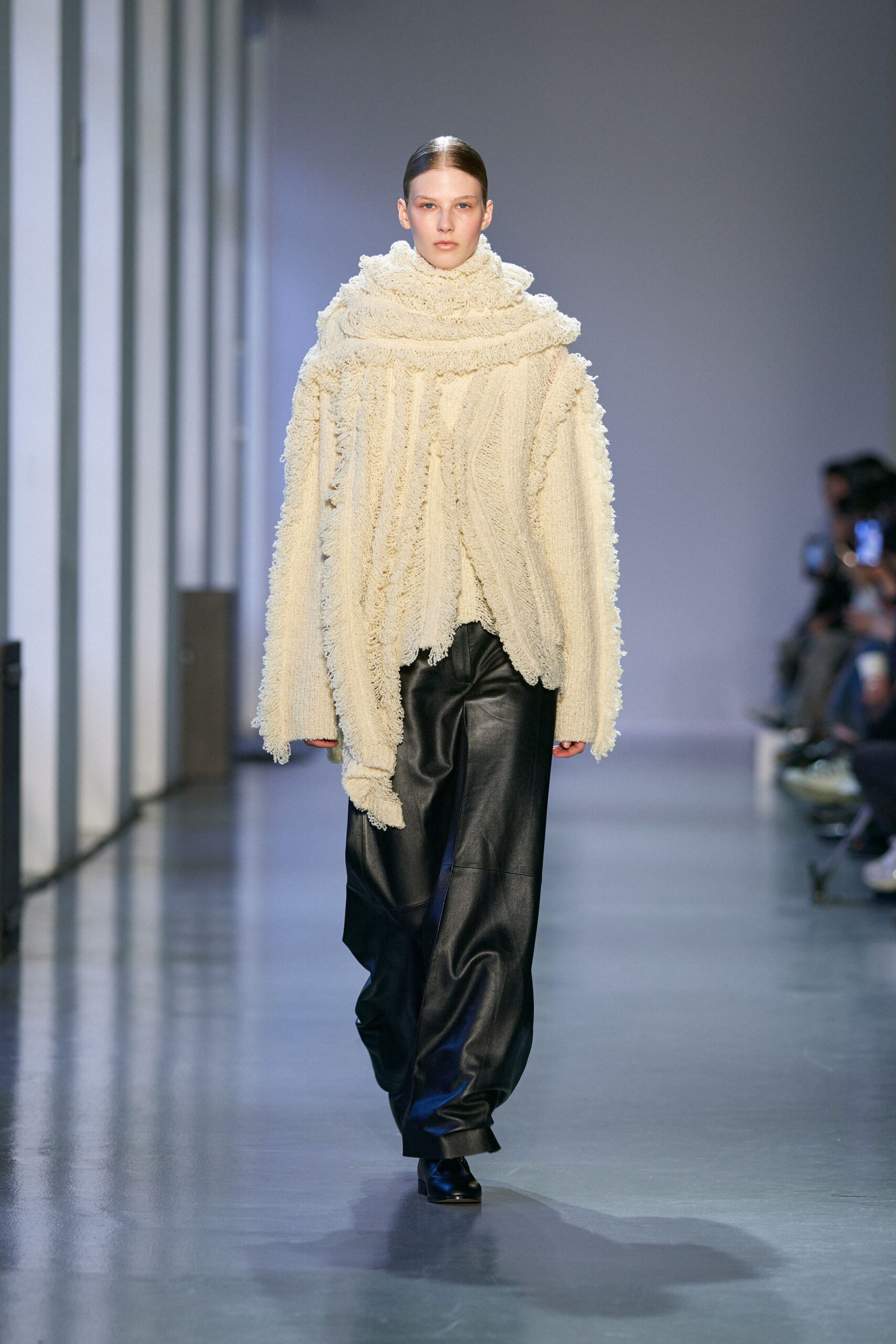 beige wool long-sleeve oversized textured top